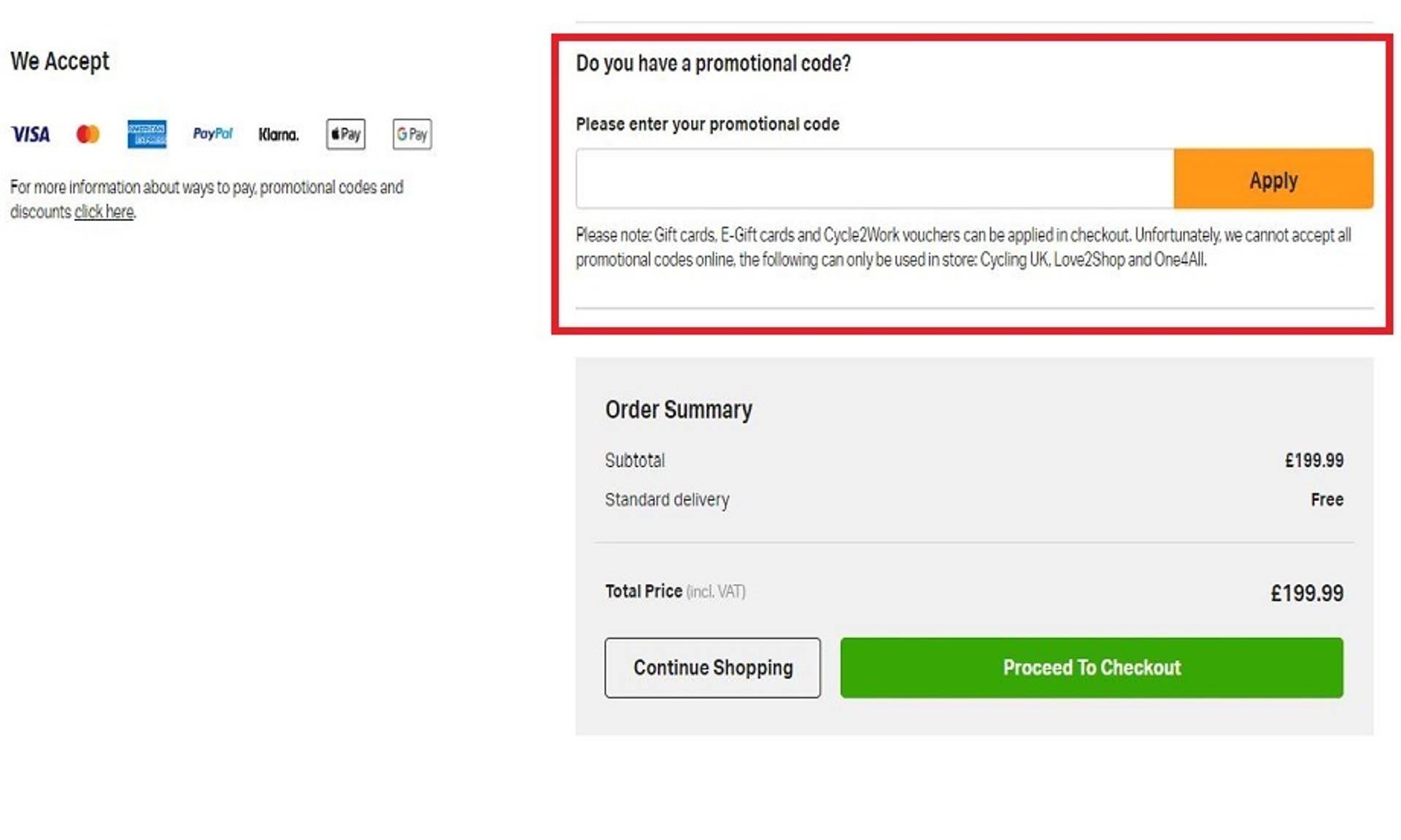  A screenshot of the Halfords website showing users how to use their discount code with the 'Do you have a promotional code' box and 'Apply' button highlighted. 