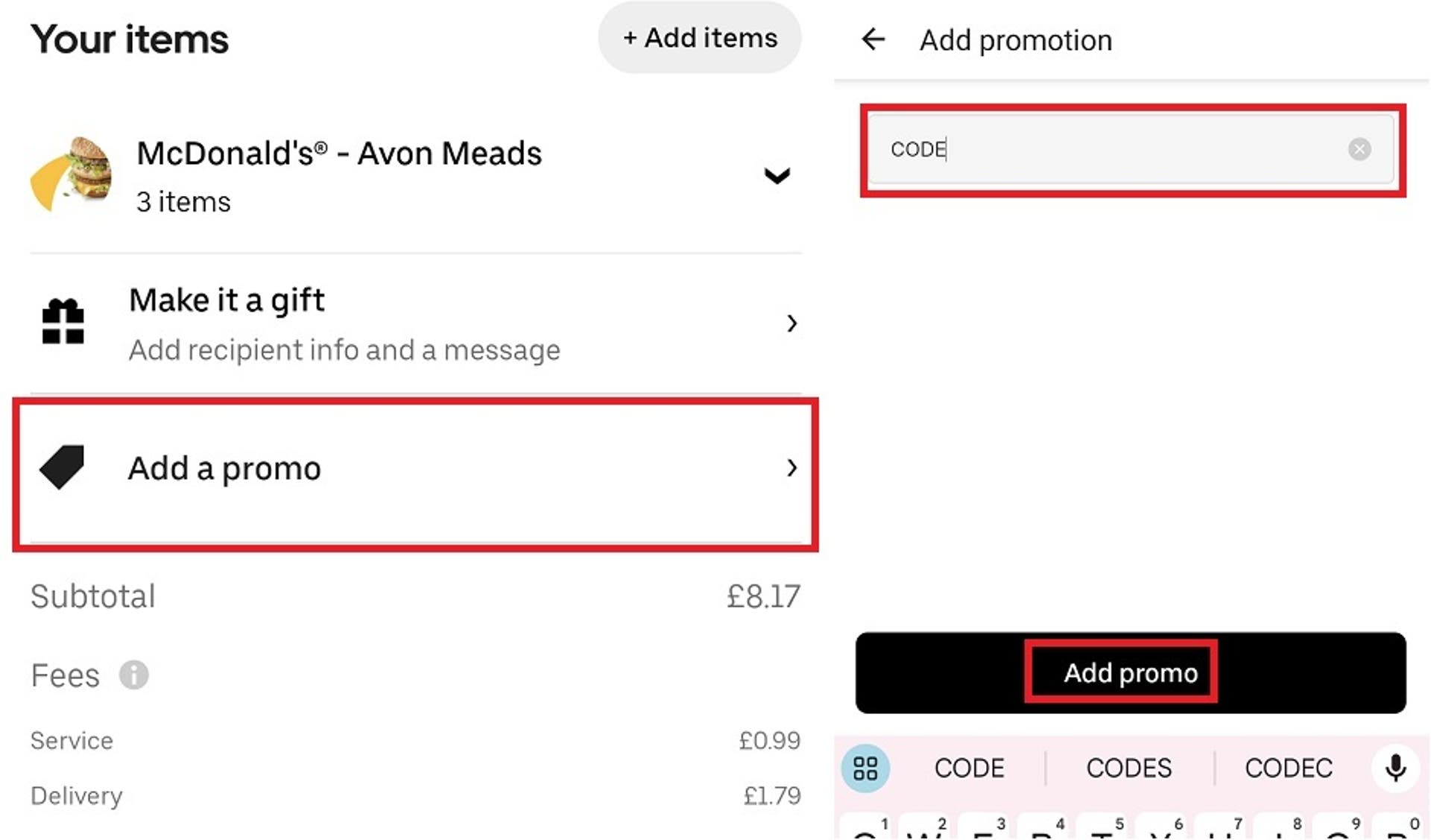 An image showing the different screenshots of the Uber Eats app checkout screen where users need to enter their discount code with the relevant boxes highlighted. 