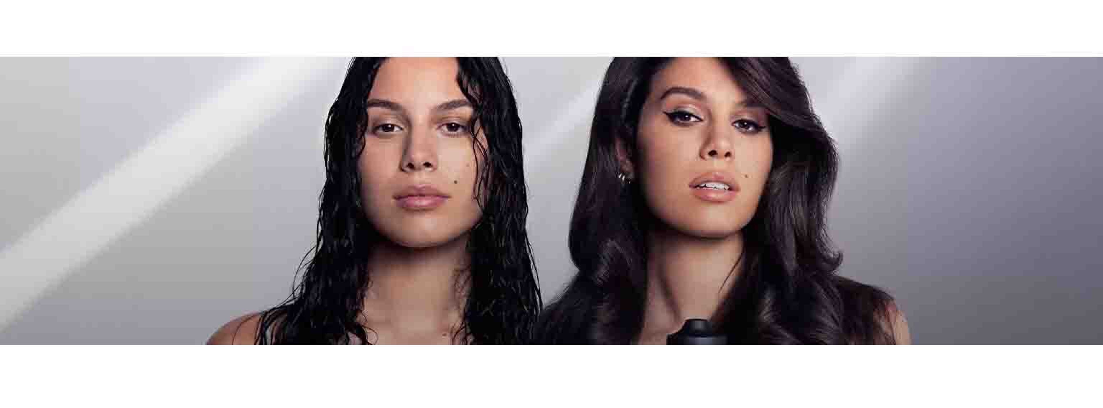 A woman with no makeup and wet hair standing beside herself with makeup and hair done