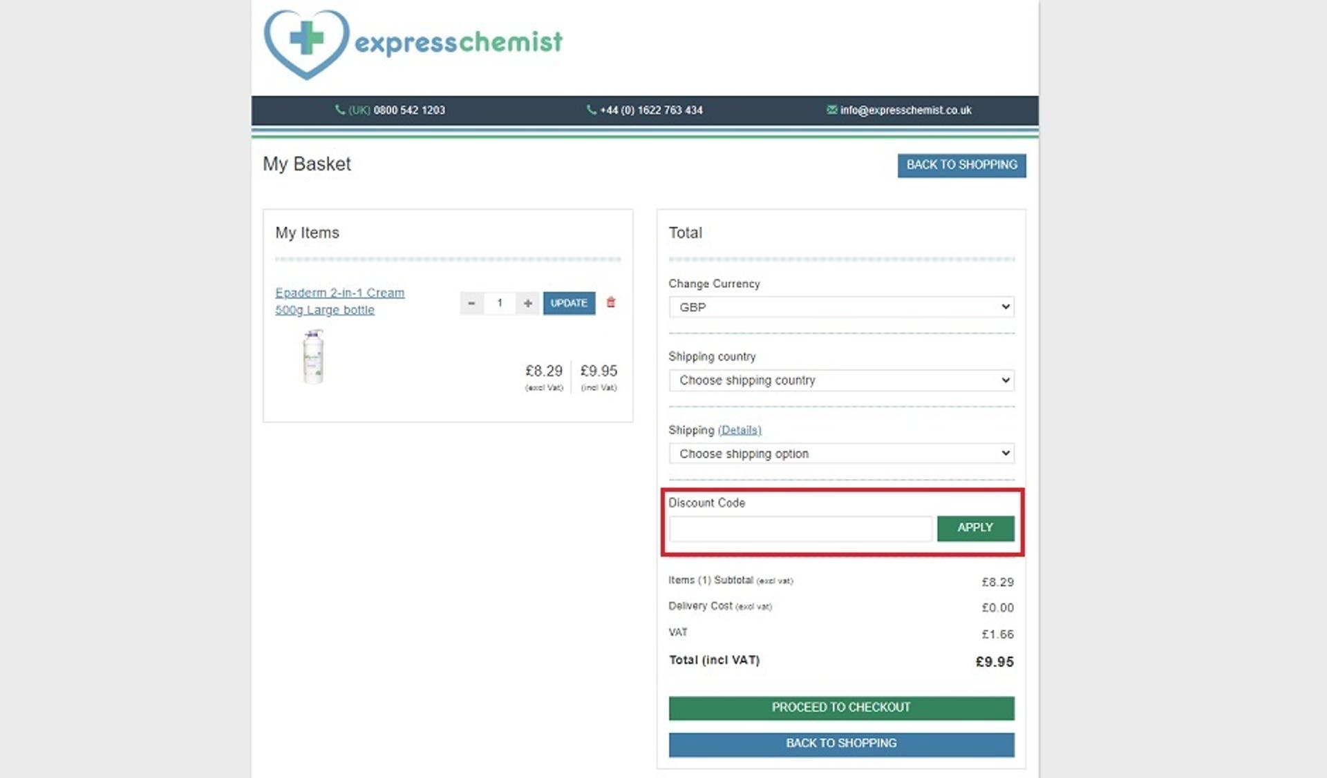  A screenshot of the 'My Basket' screen on the Express Chemist website showing users how to use their discount code with the 'Discount Code' box highlighted. 