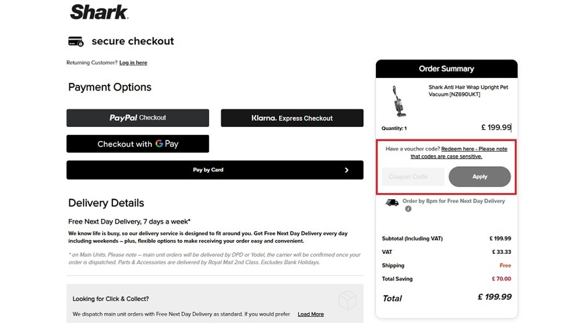  A screenshot of the Shark website showing users how to enter their discount code with the 'coupon code' box highlighted. 