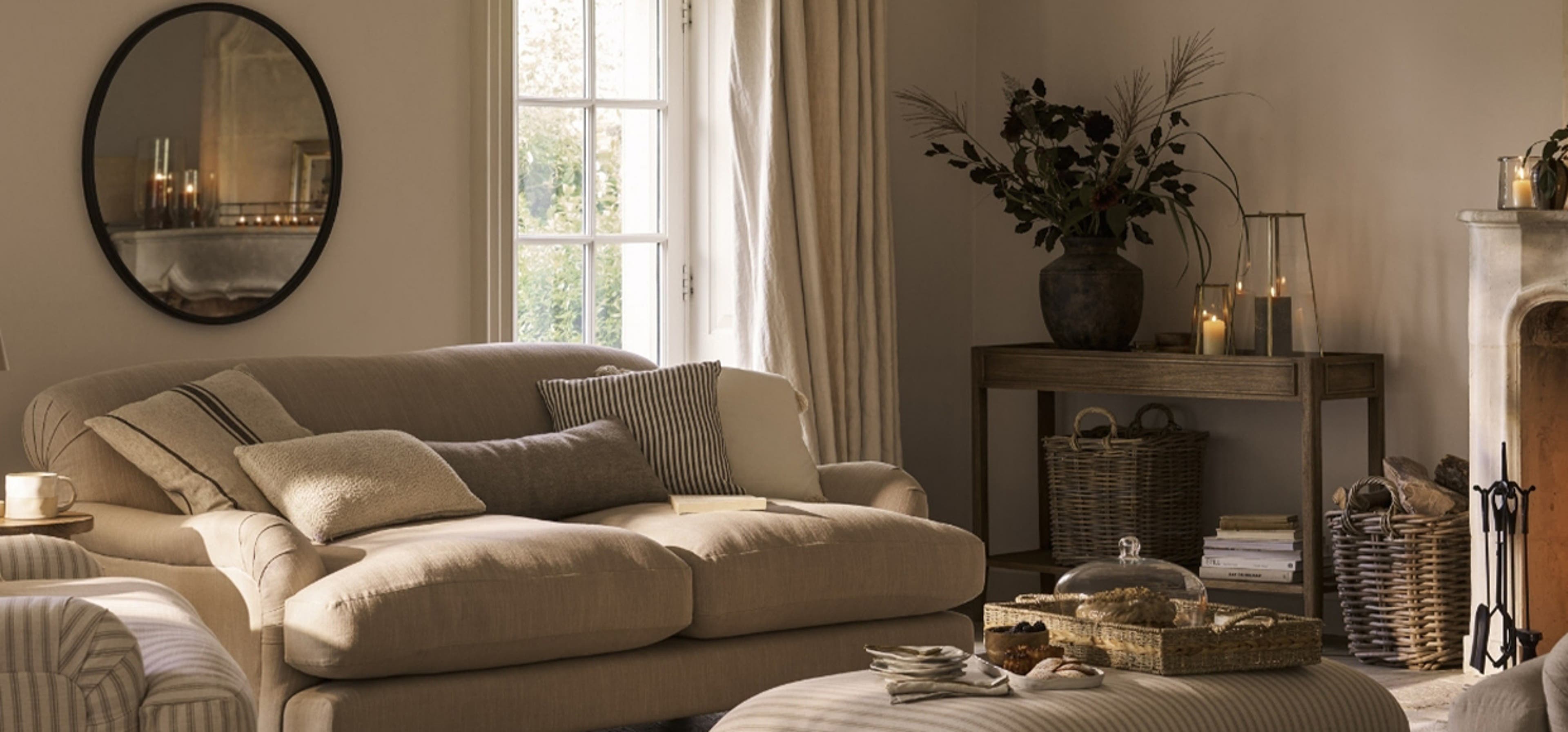 Beige living room with a fireplace