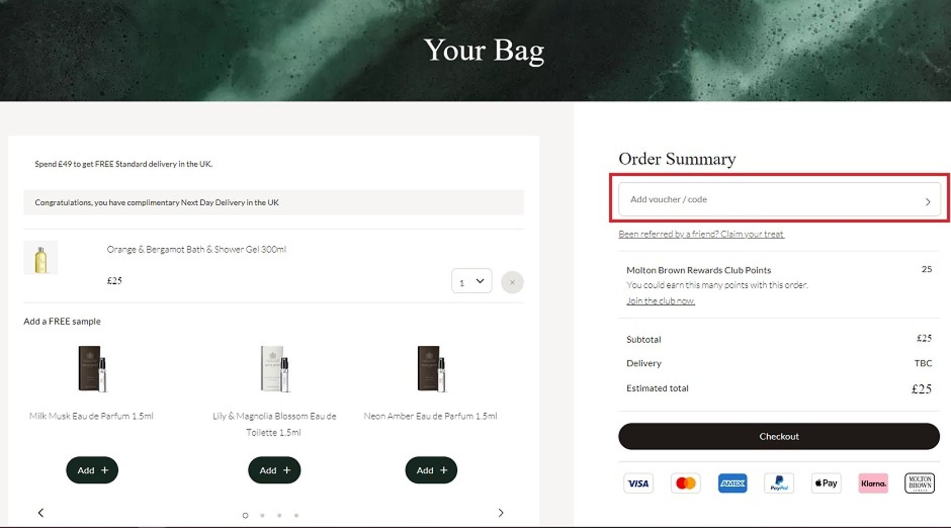  A screenshot of the Molton Brown website showing users how to use their discount code with the 'Add voucher/code' box highlighted. 