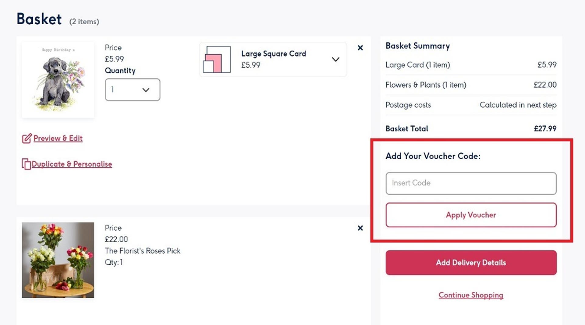 A screenshot of the Moonpig website showing users how to use their voucher code with the 'Add Your Voucher Code' box highlighted. 