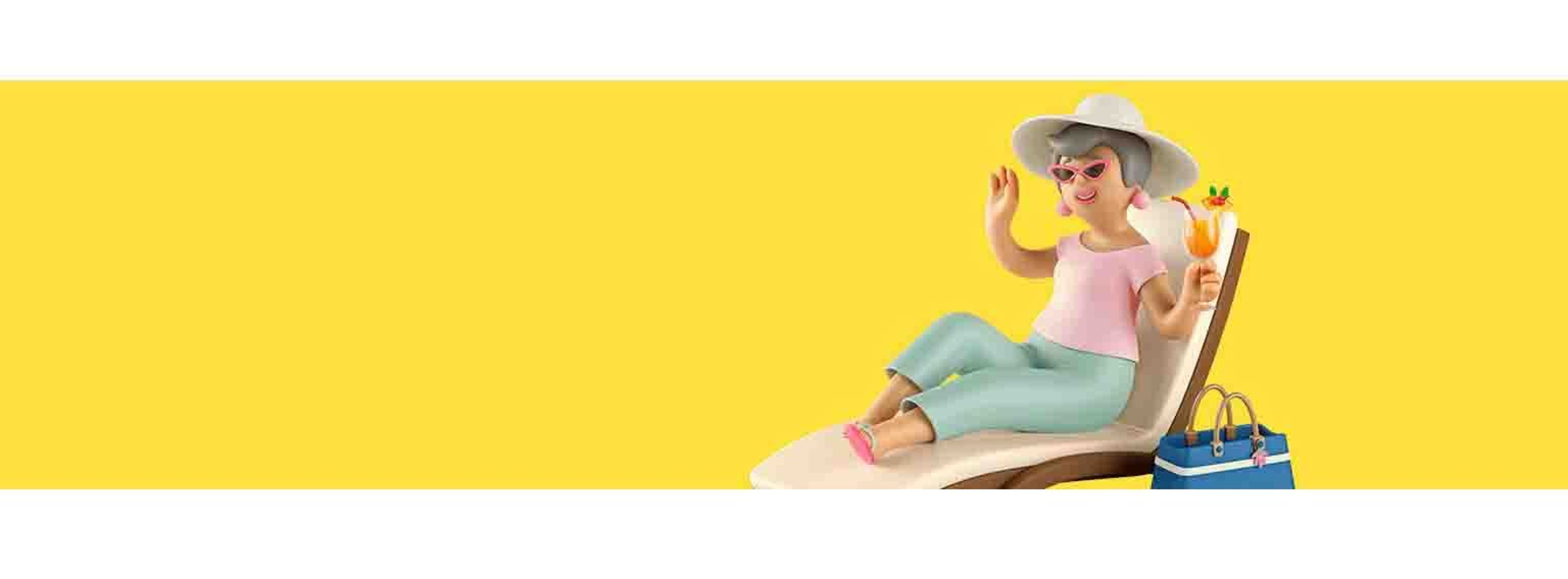 yellow background with a 3d render woman sitting on a beach bed with a cocktail in hand