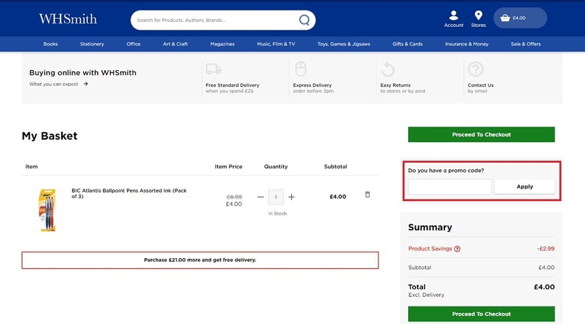  A screenshot of the WHSmith website showing users how to use their discount code with the 'Do you have a promo code?' box highlighted. 