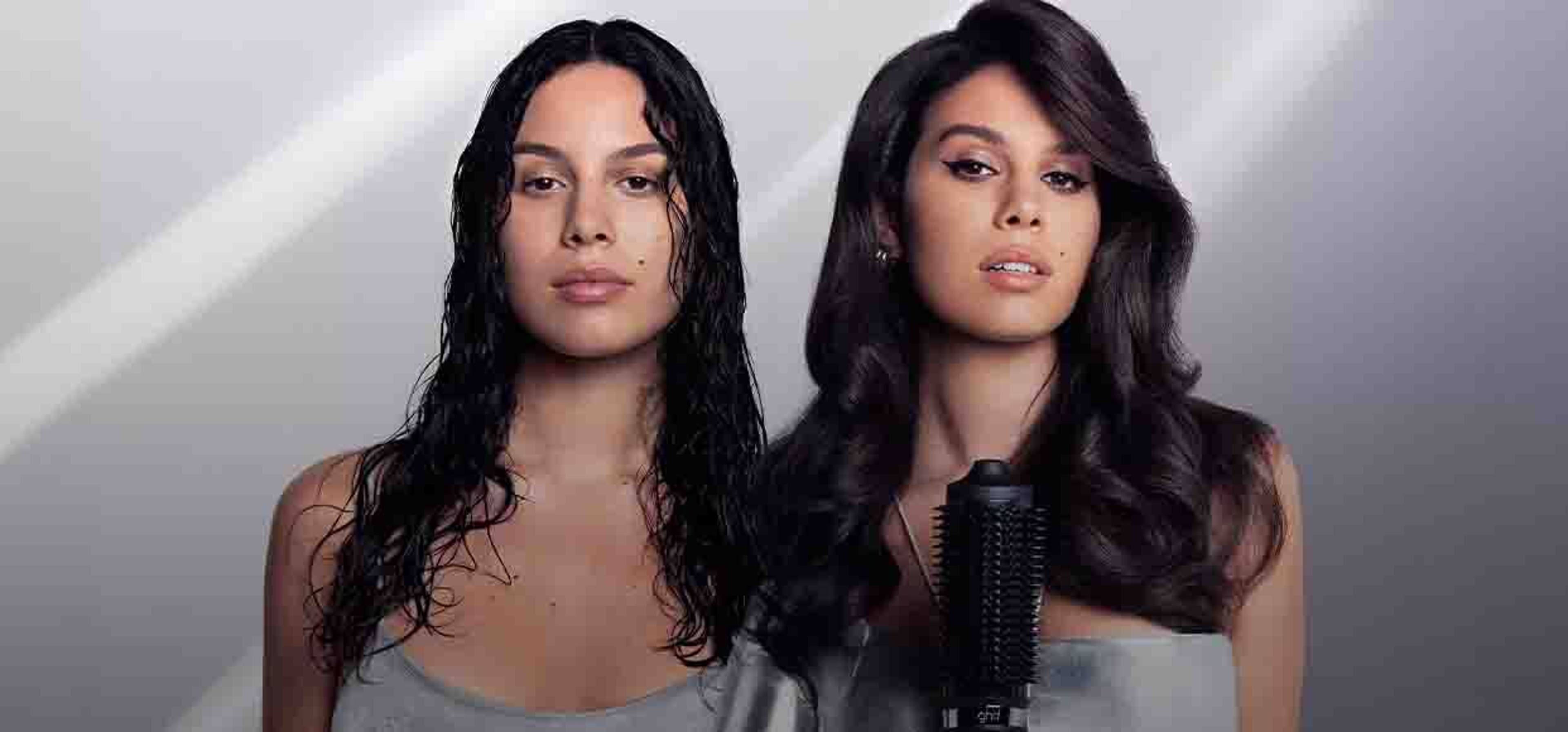 A woman with no makeup and wet hair standing beside herself with makeup and hair done