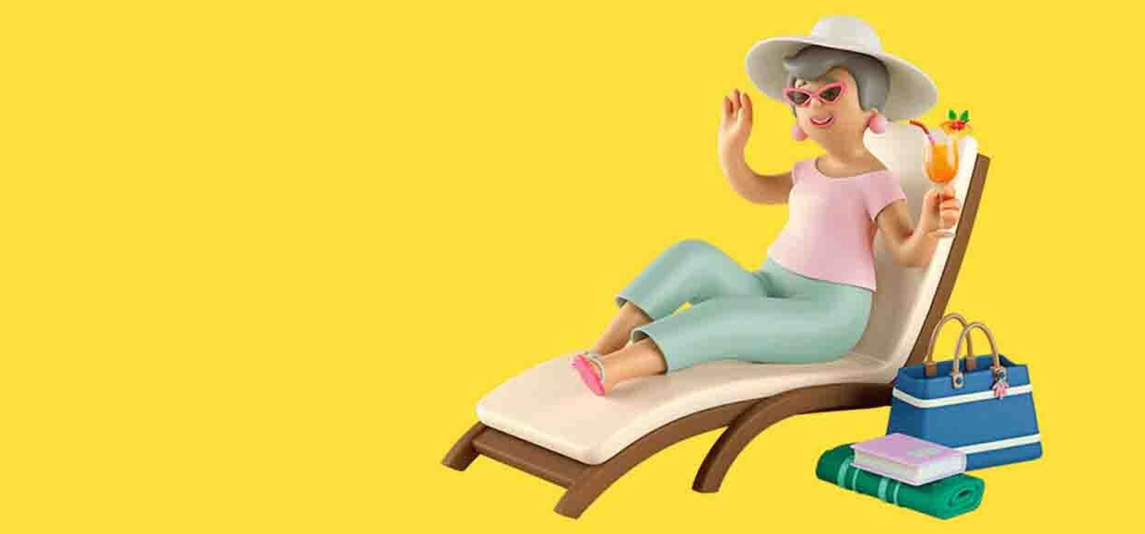 yellow background with a 3d render woman sitting on a beach bed with a cocktail in hand