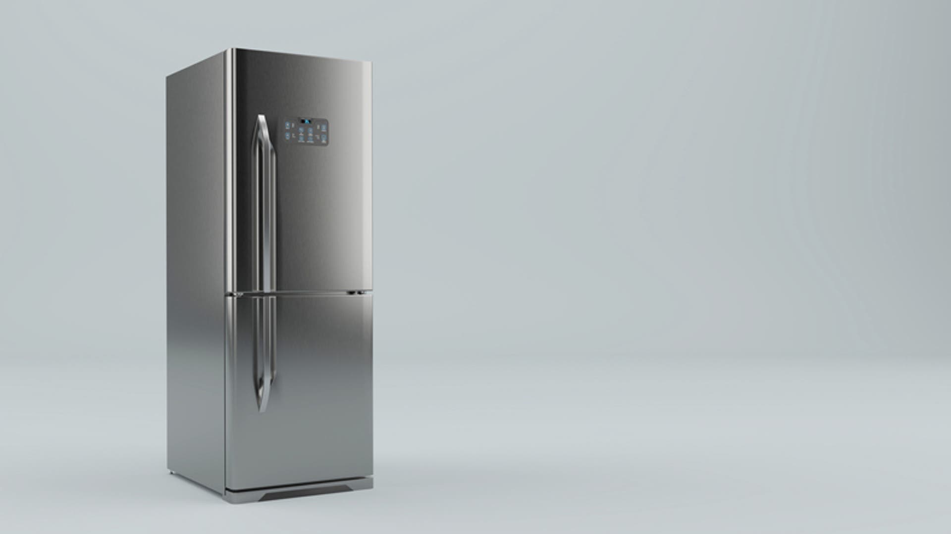  Modern stainless Fridge Refrigerator freezer on a gray background, mockup layout banner 