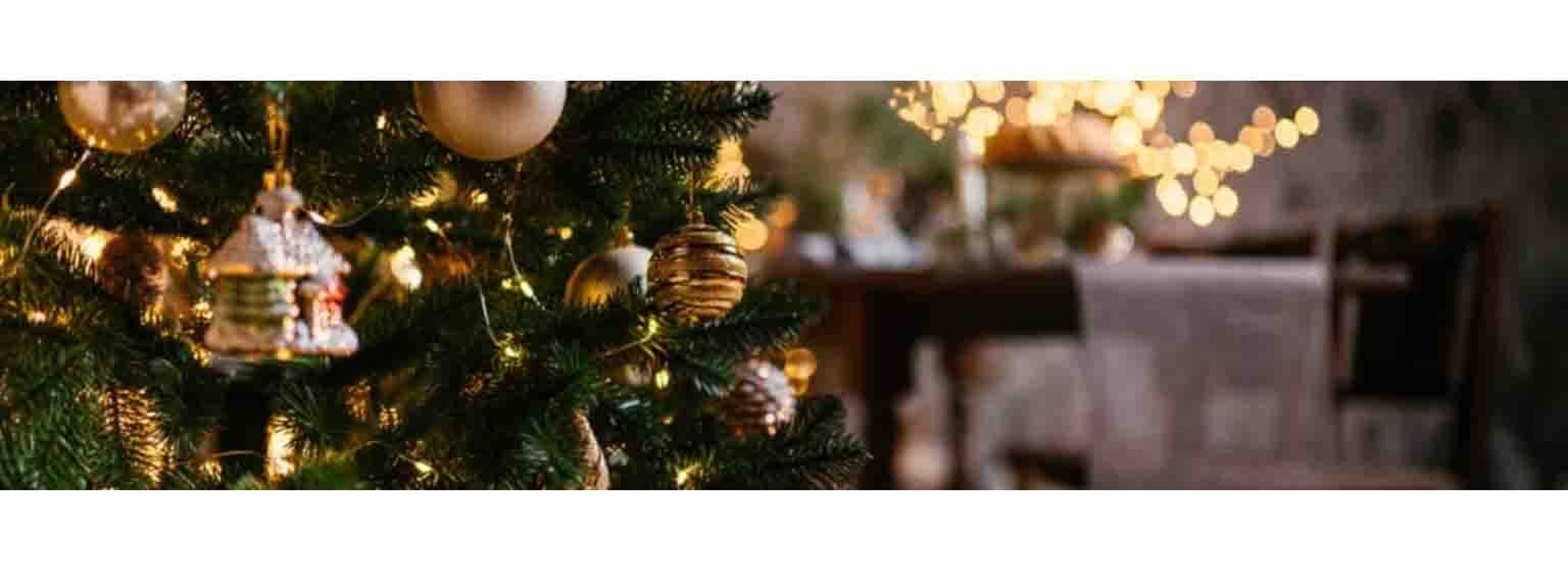 close up of a christmas tree with baubles