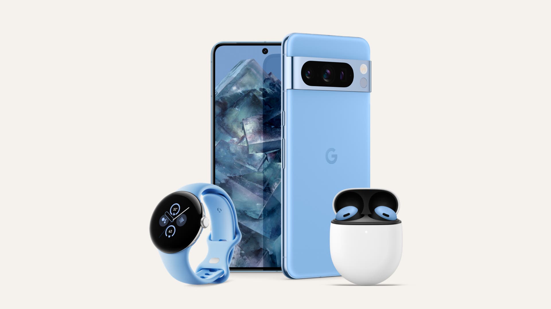  Image of a blue Google phone, wireless headphones and a smart watch 