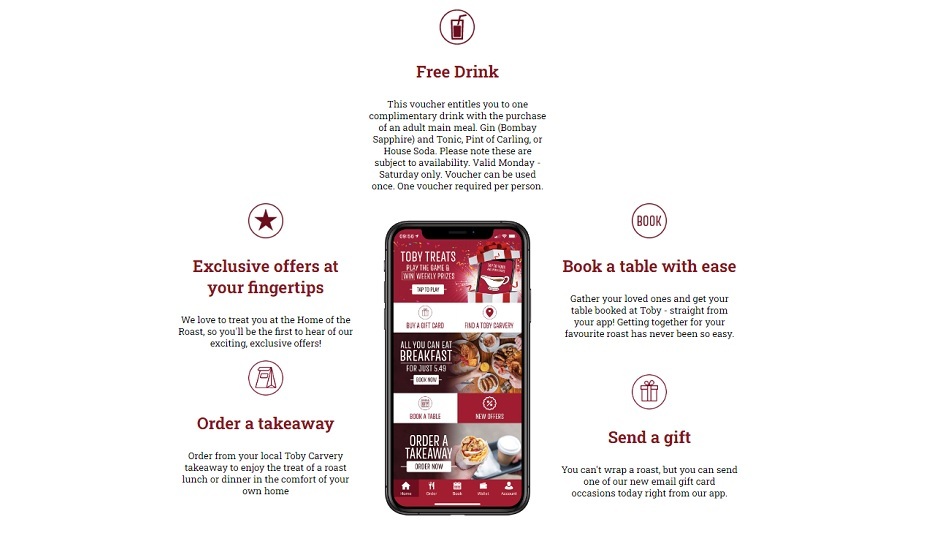 A digital illustration showing the benefits of using the Toby Carvery app with an image of a phone with the Toby Carvery app on screen.