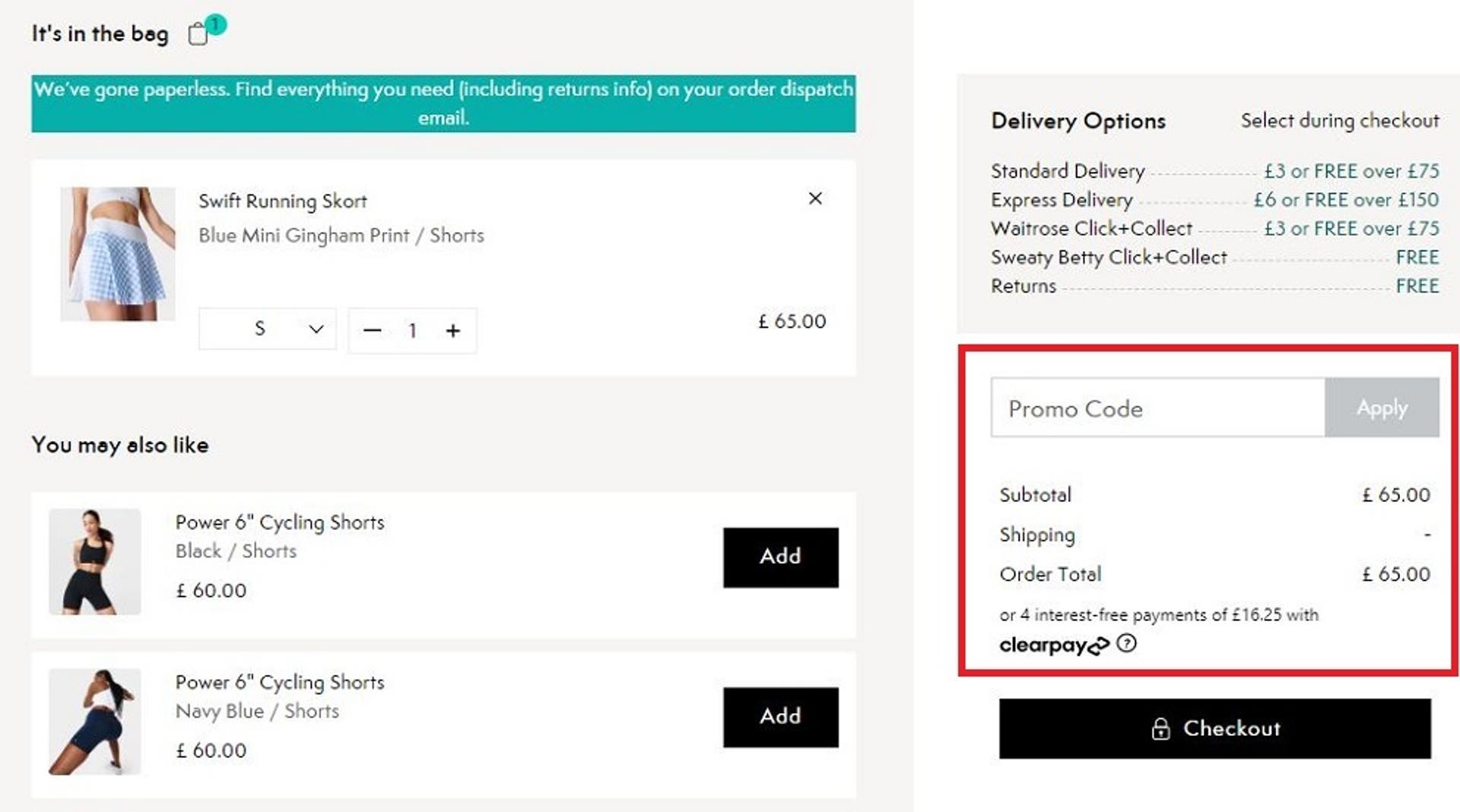  A screenshot of the Sweaty Betty website showing users how to use their discount code with the promo code box highlighted in red. 