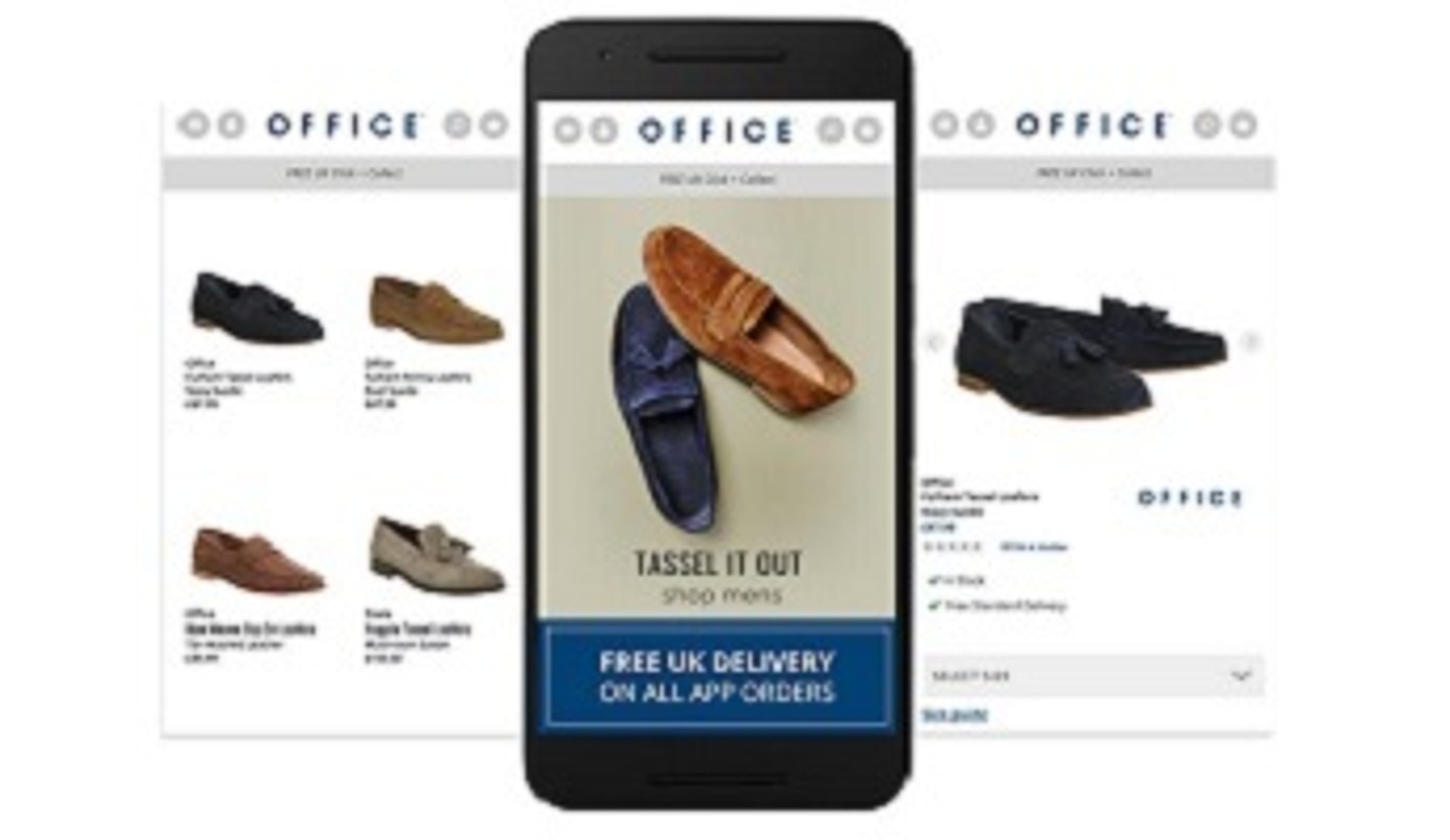  An iPhone with the Office Shoes app open alongside two app screenshots 