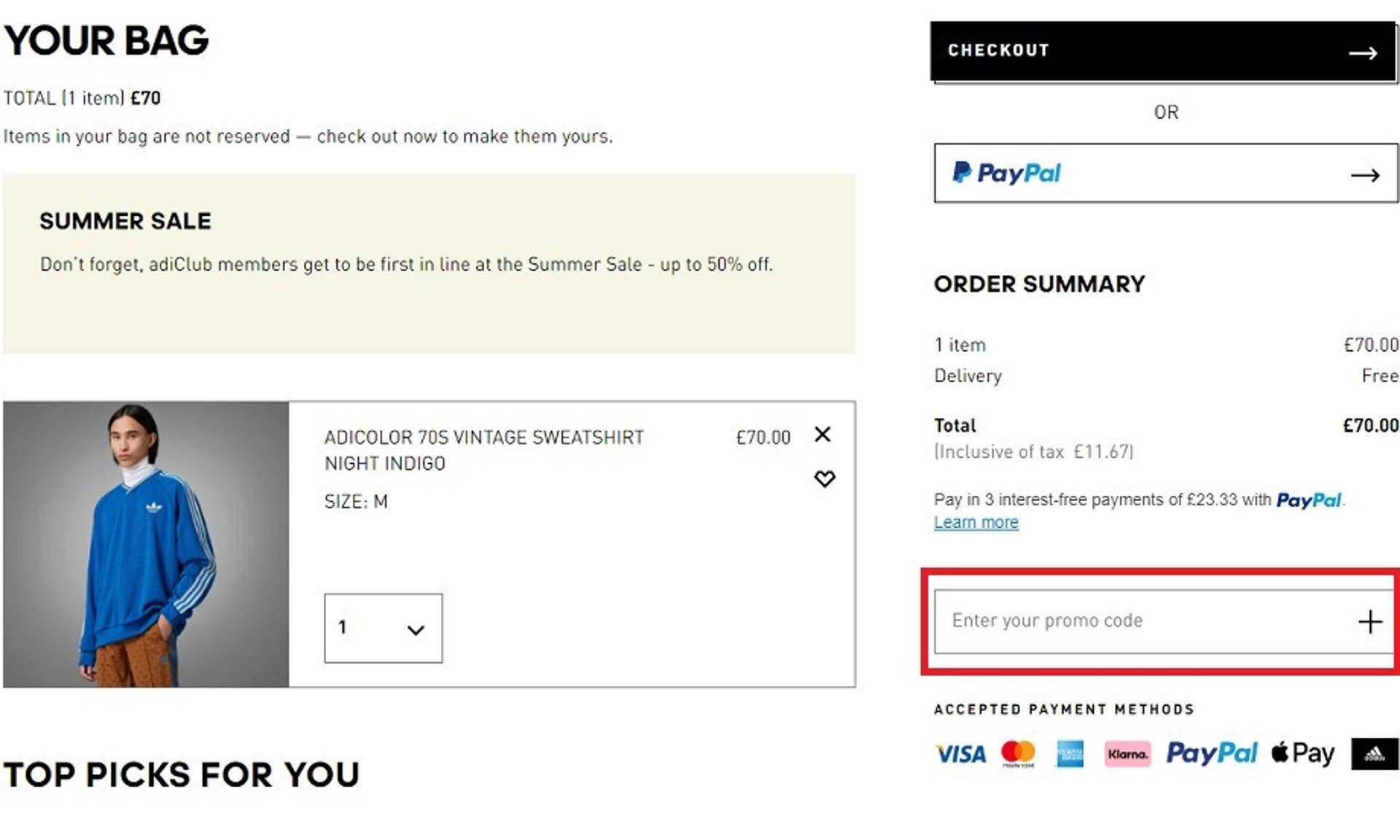  A screenshot of the checkout screen on the Adidas website showing users how to use their discount code with the 'Enter Your Promo Code' box highlighted. 