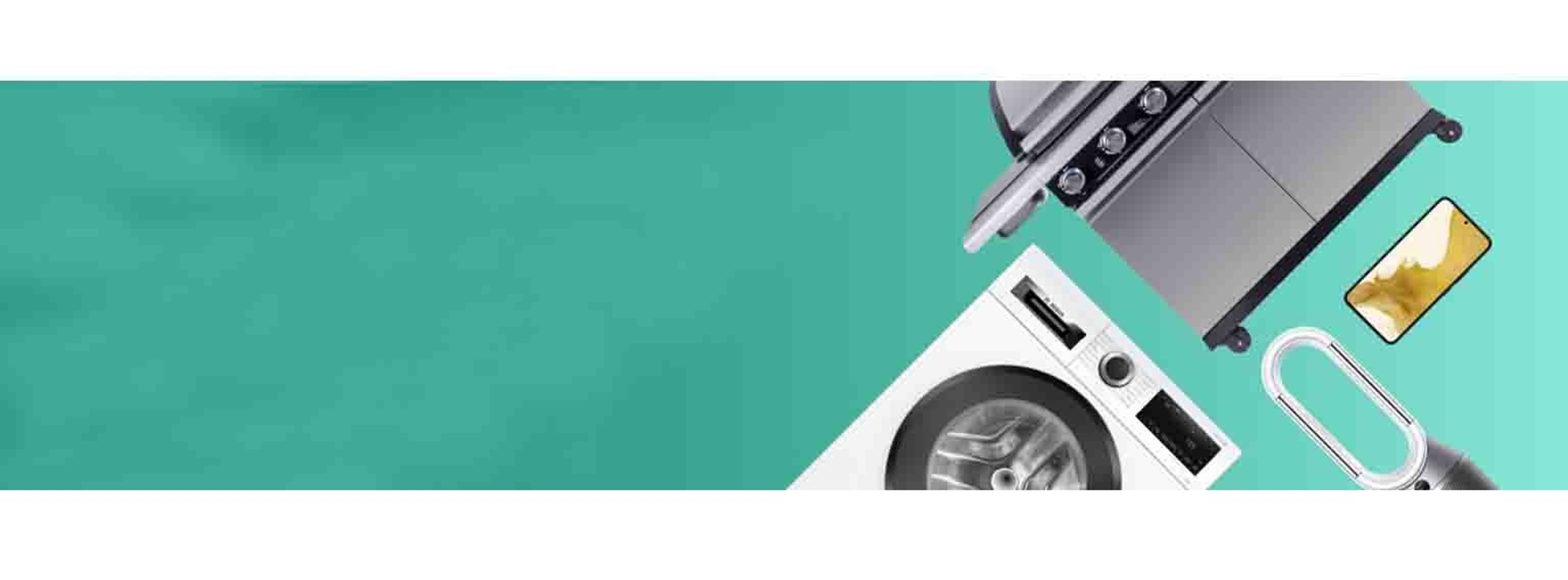 house hold items such as washing machine and bbq in front of a blue background