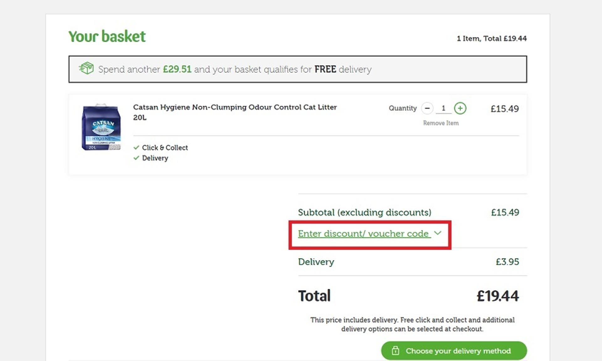  A screenshot of the 'Shopping Basket' screen on the Pets at Home website showing users how to use their discount codes with the 'Enter discount/voucher code' option highlighted. 