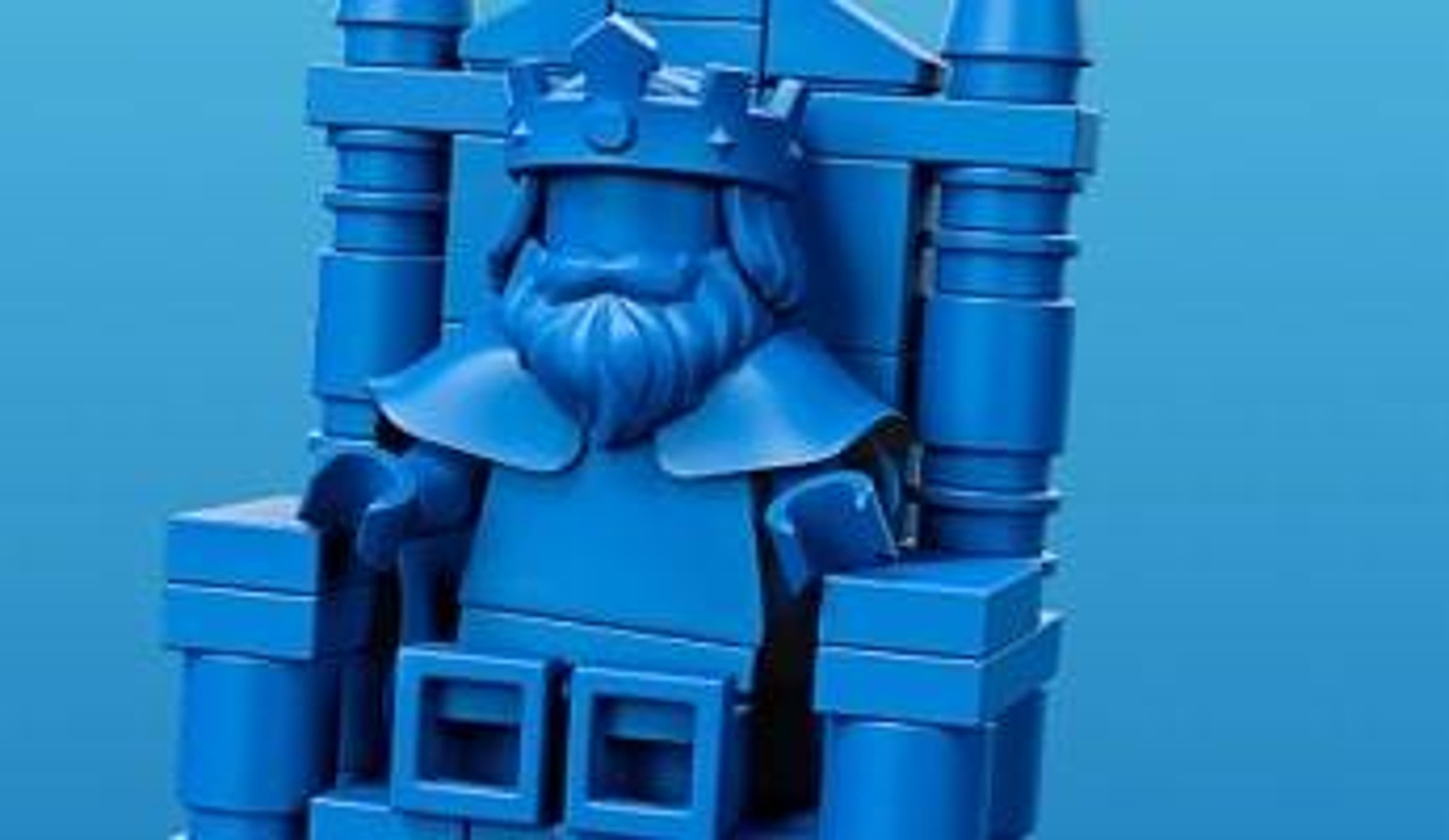  A Blue LEGO King Mini figure sitting on a blue throne 