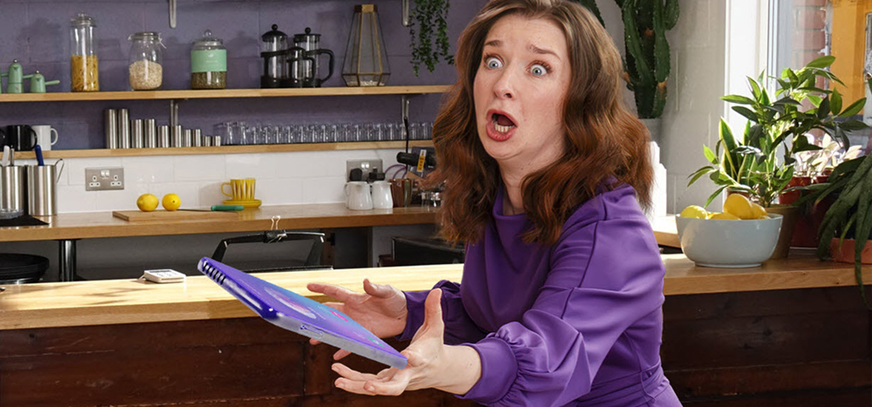  woman grabbing her floating phone 