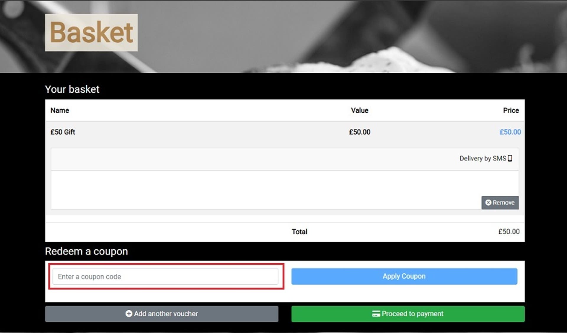  A screenshot of the Miller & Carter basket screen with the 'Enter a coupon code' box highlighted showing users where to enter their discount code. 