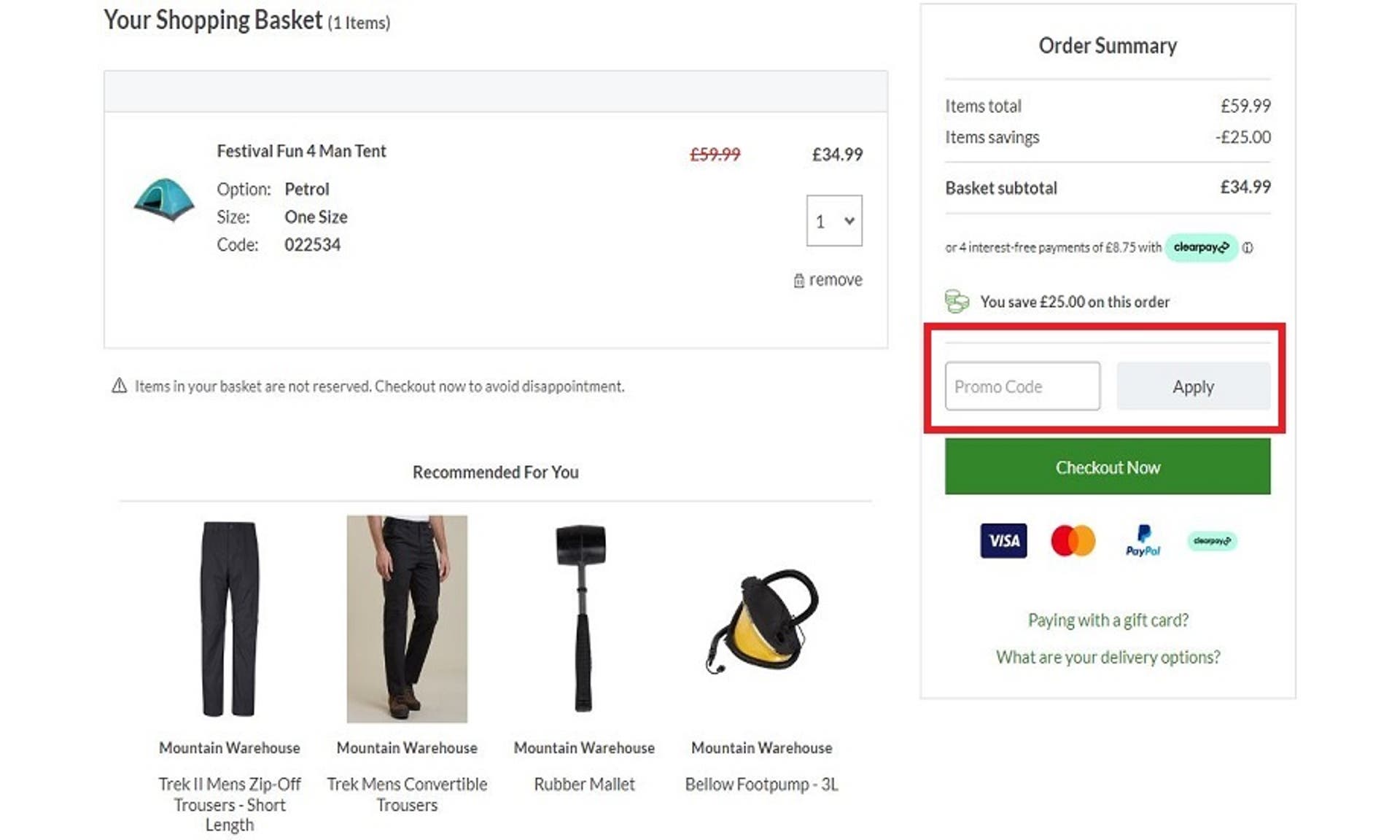  A screenshot of the Mountain Warehouse website showing users how to use their discount code with the 'Promo code' box highlighted. 