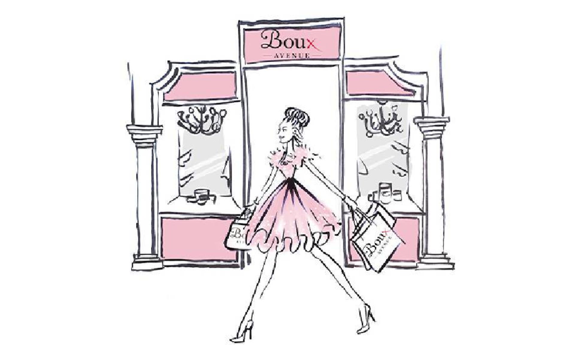  An illustration of a woman wearing a pink dress walking outside a Boux Avenue store, carrying a Boux Avenue bag. 