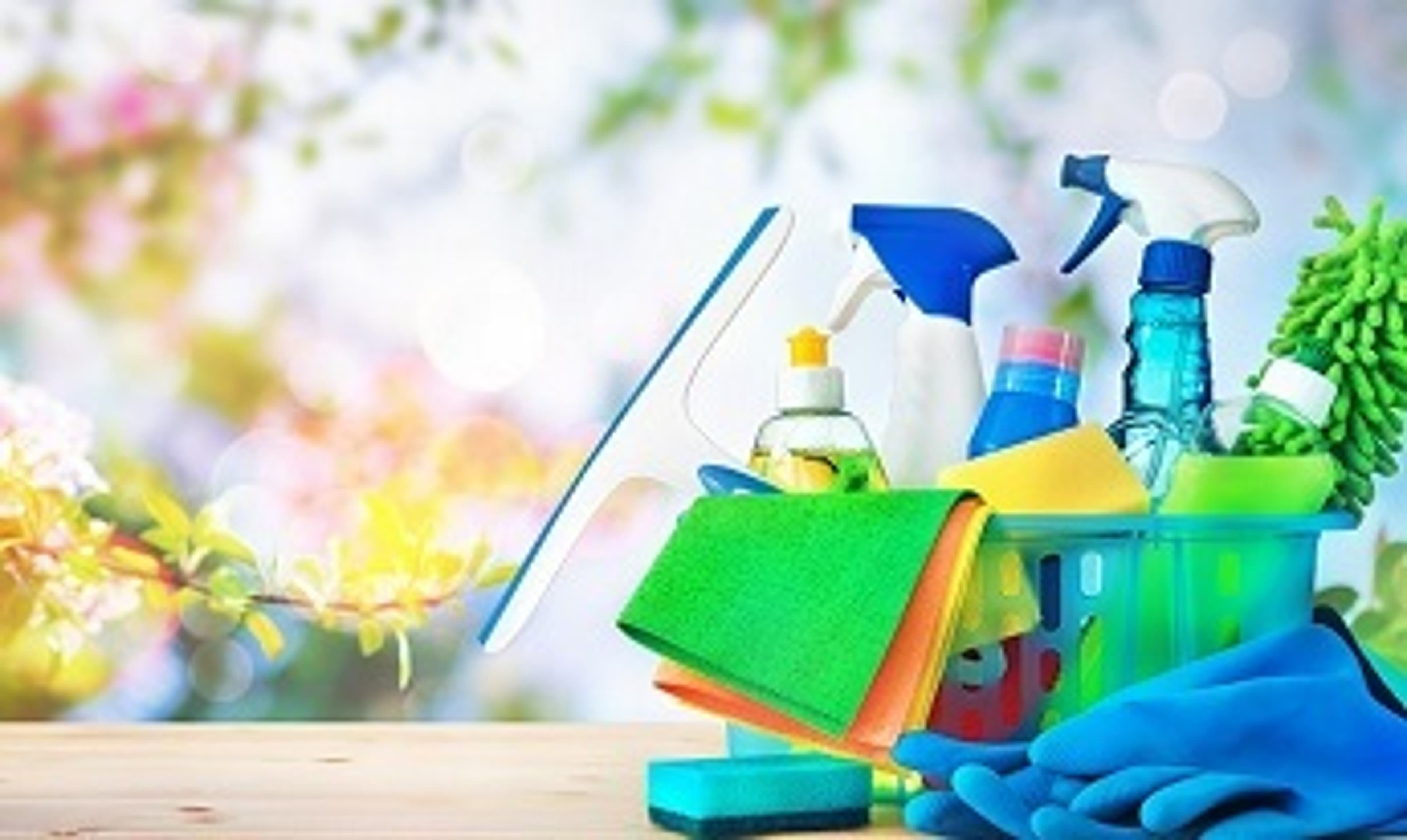  A selection of cleaning products against a blossom background 
