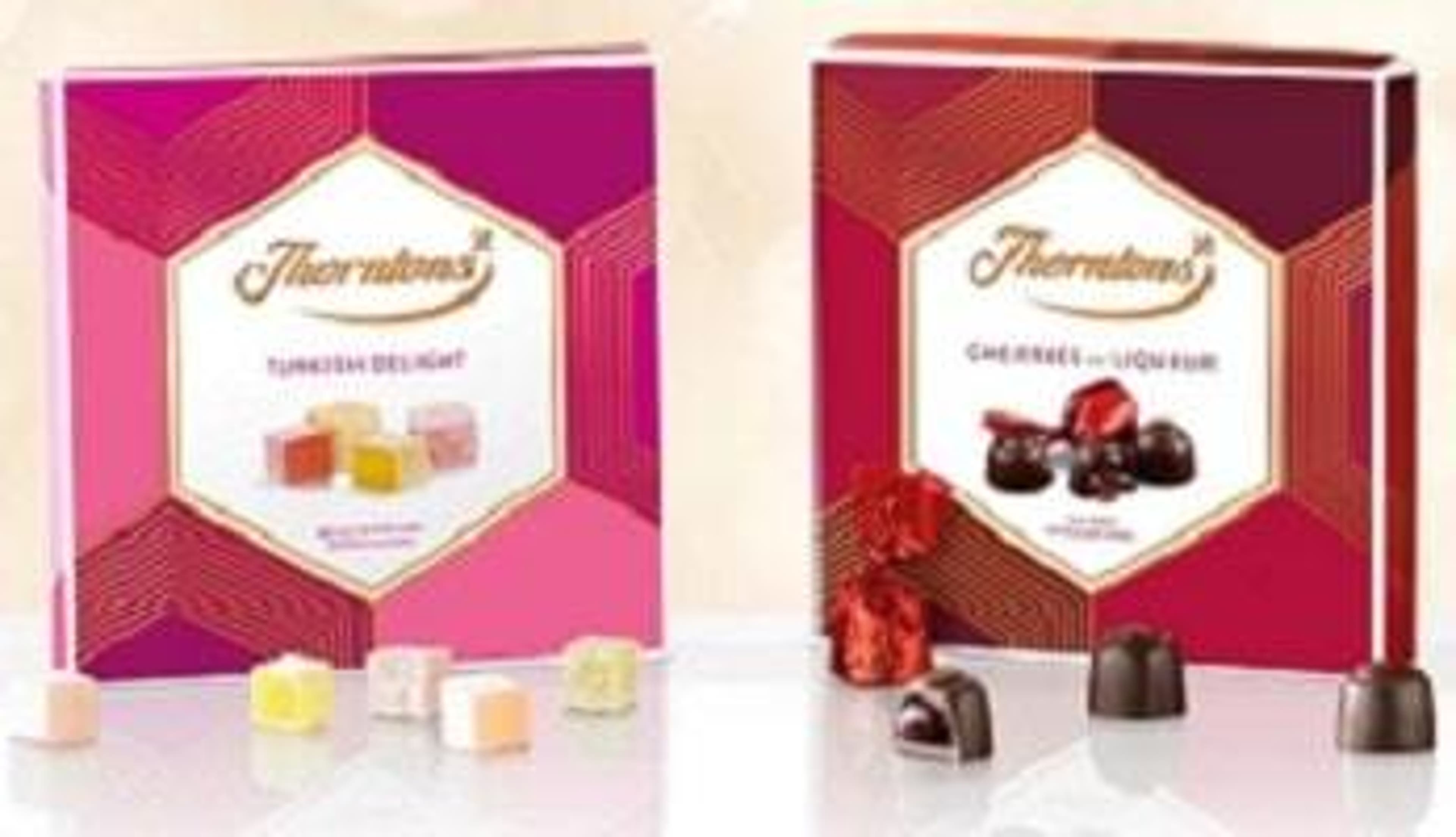  A box of Thonrtons Chocolate Liqueurs next to a box of Thorntons Turkish Delight 