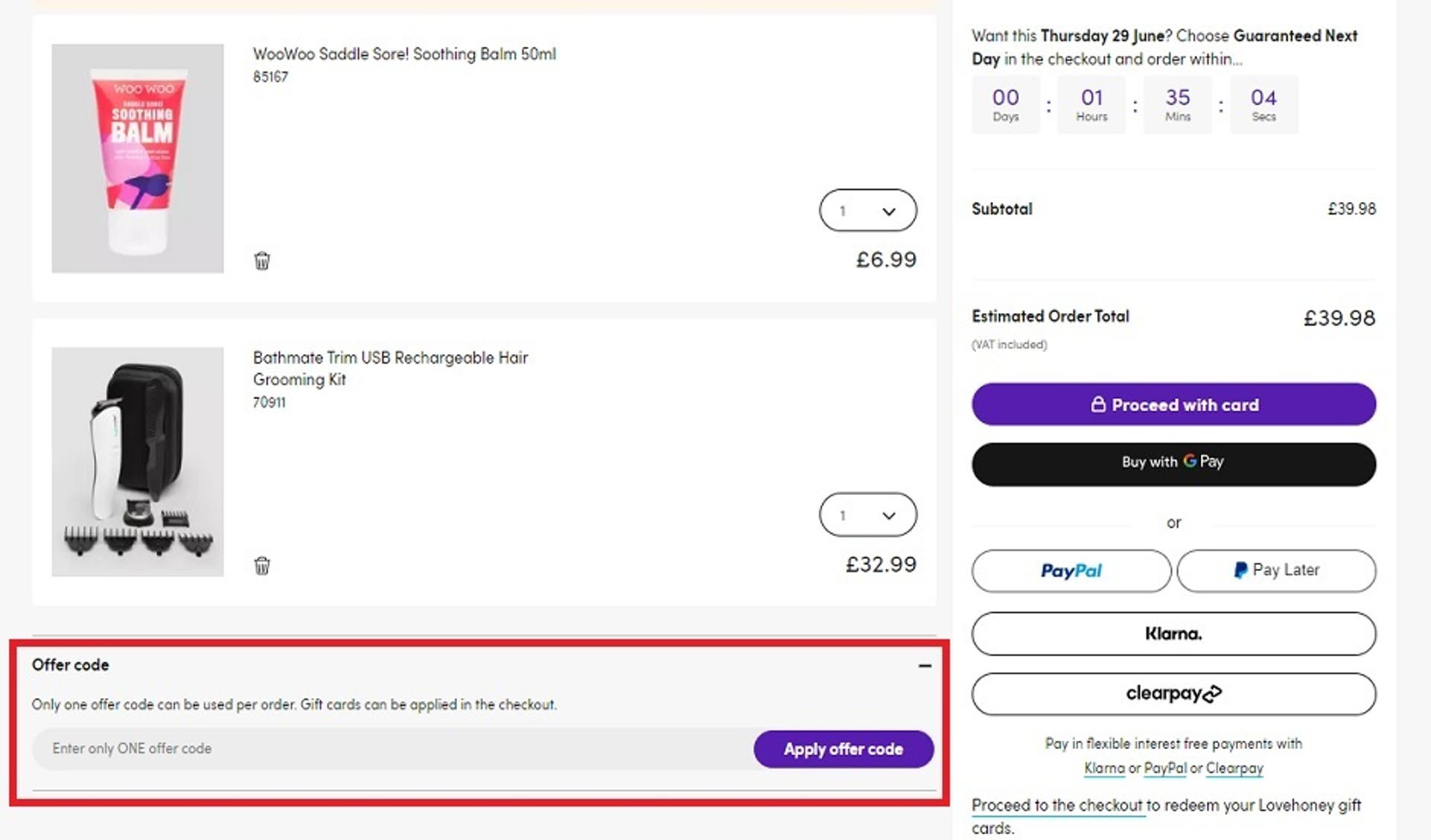  A screenshot of the 'Your Basket' screen on the Lovehoney website showing users how to use their discount code with the 'Offer code' box and 'Apply offer code' button highlighted. 