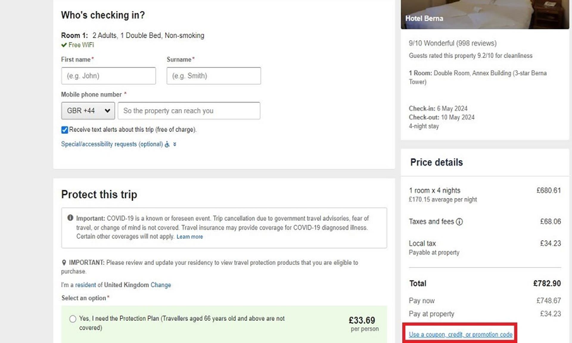  A screenshot of the Expedia website showing users how to use their discount code with the 'Use a coupon, credit or promotion code' box highlighted. 