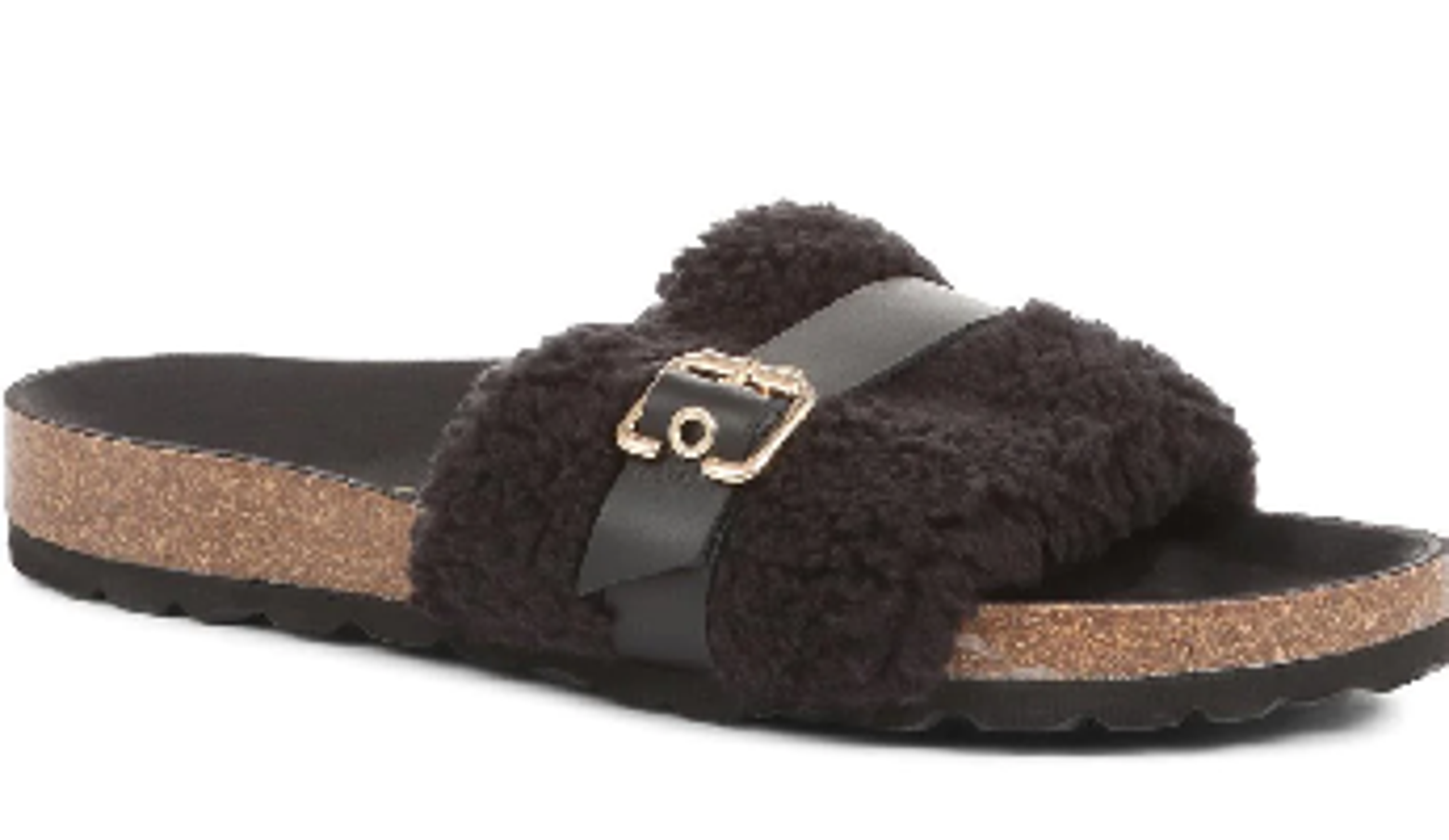  A single slider with a thick, fluffy, black upper strap, and brown cork soles. 