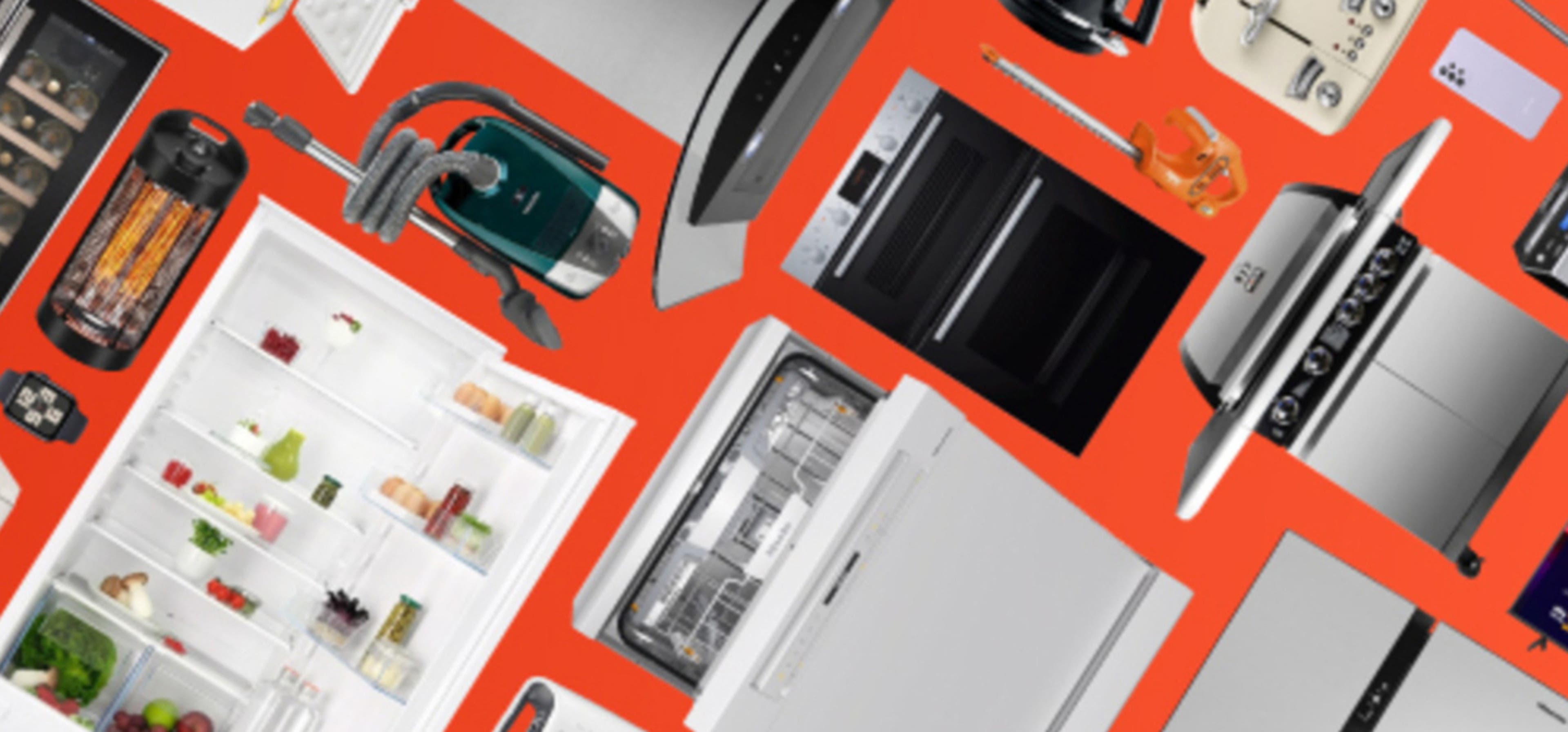 red background with house hold appliances