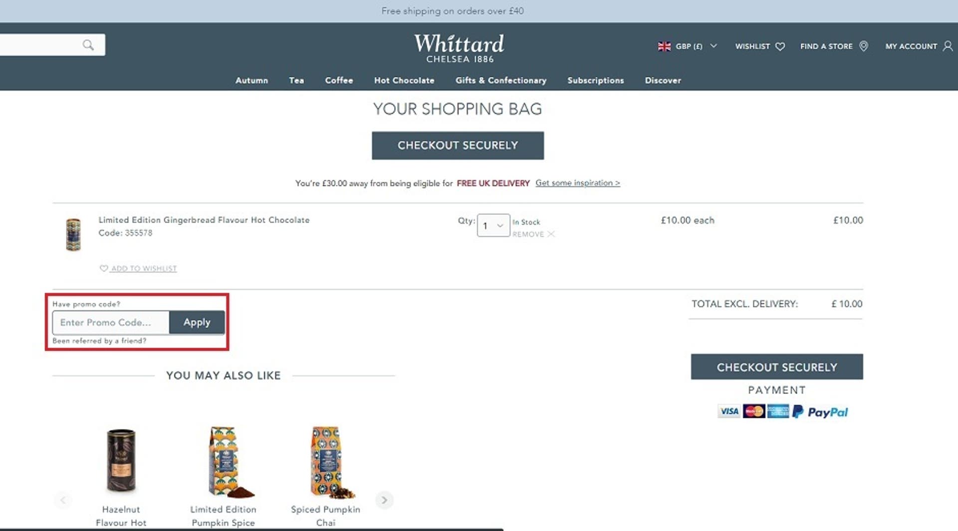  A screenshot of the Whittard of Chelsea website showing users how to use their discount code with the 'Have promo code?' box highlighted. 