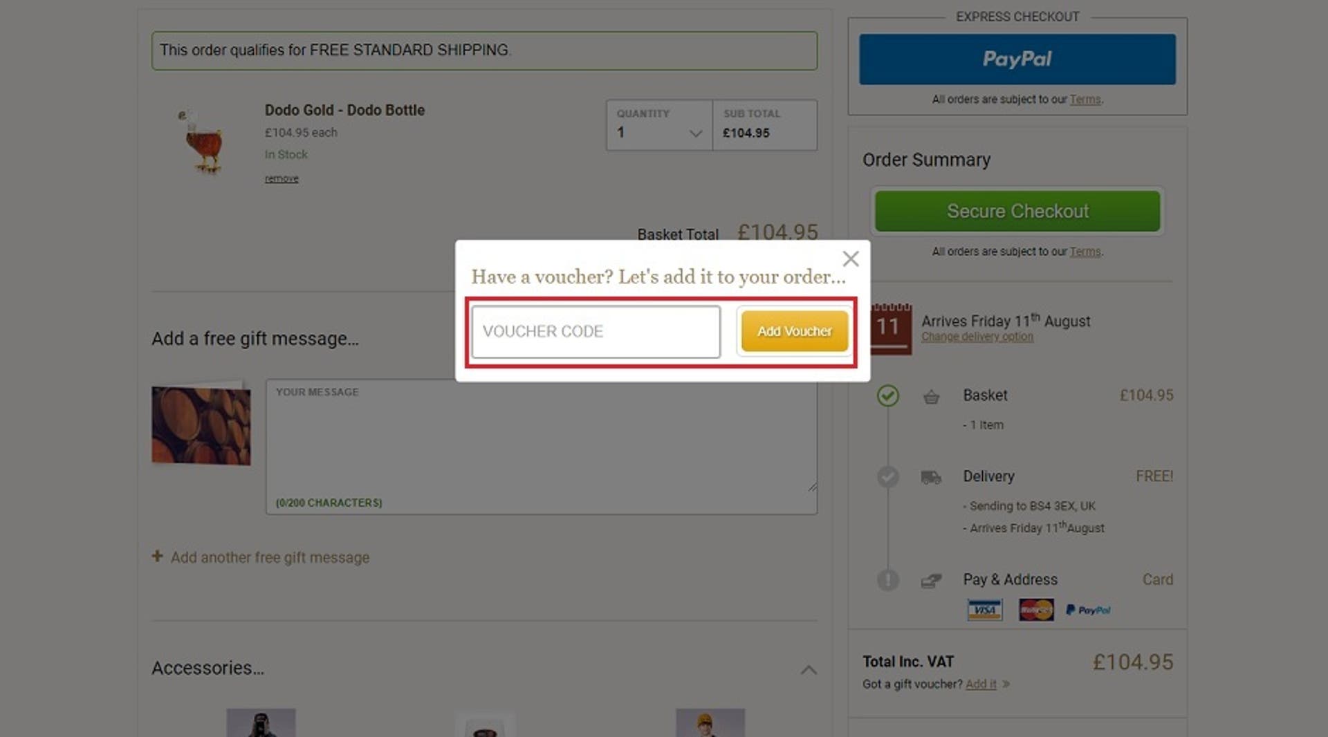  A screenshot of the Master of Malt website showing users how to use their discount codes with the 'Voucher Code' box and 'Add Voucher' button highlighted. 