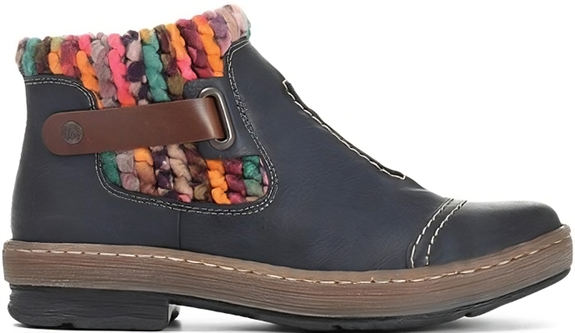  Casual Ankle Boot by Rieker available at Pavers Shoes. Multi-coloured knitted cuff. 
