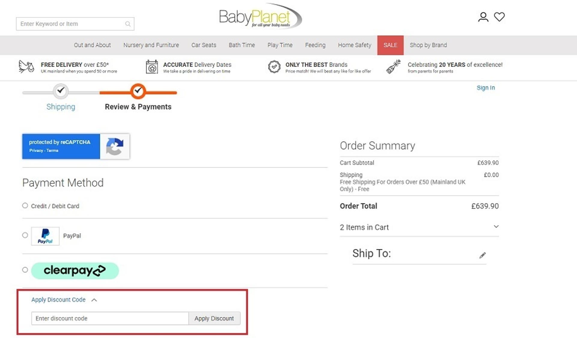  A screenshot of the Baby Planet website showing users where to enter their discount code with the 'Enter discount code' box and 'Apply Discount' button highlighted. 