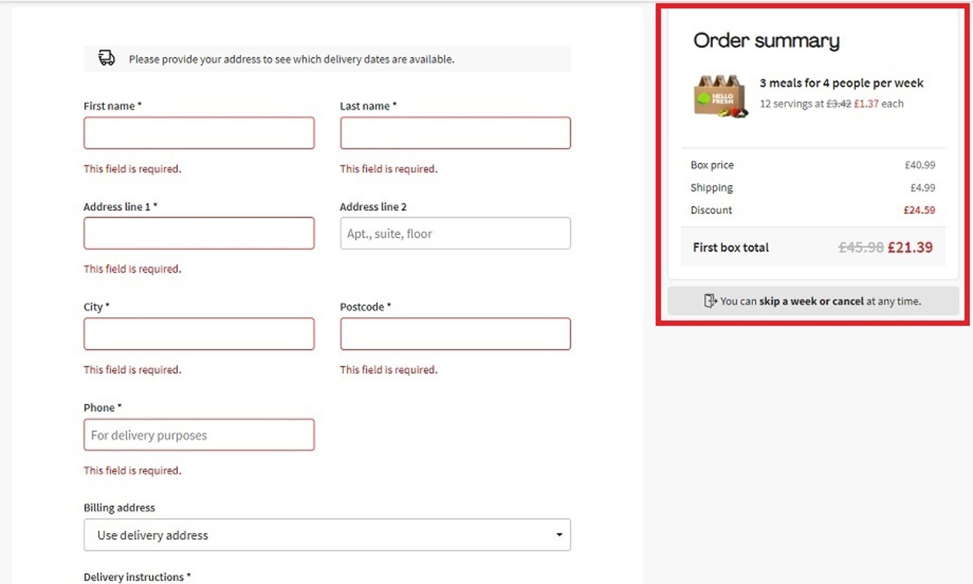  A screenshot of the Hello Fresh checkout screen showing that a discount has been applied to the total order value. 