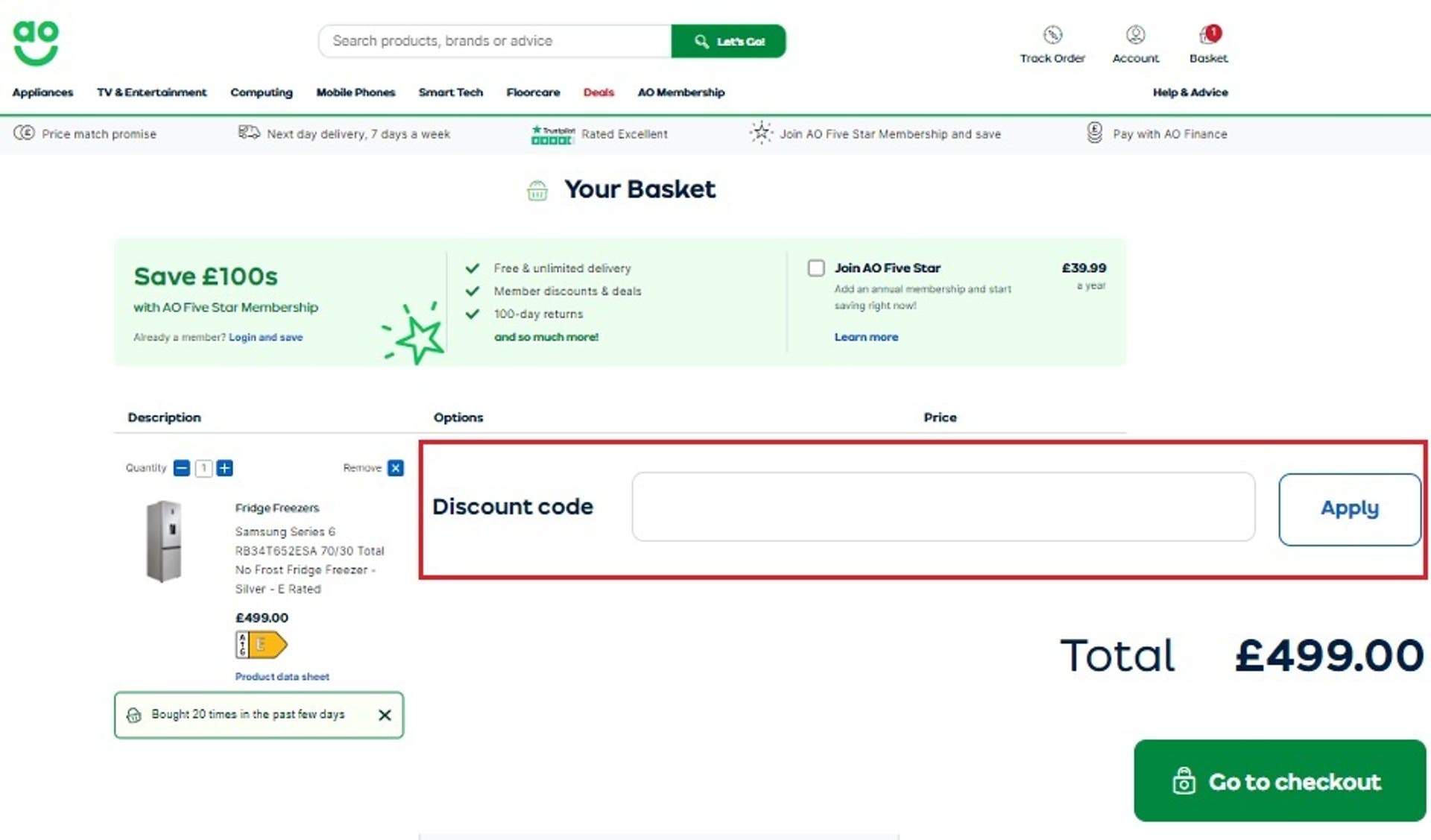  A screenshot of the 'Your Basket' screen on the AO website showing users how to use their AO discount code with the discount code box and 'Apply' button highlighted. 