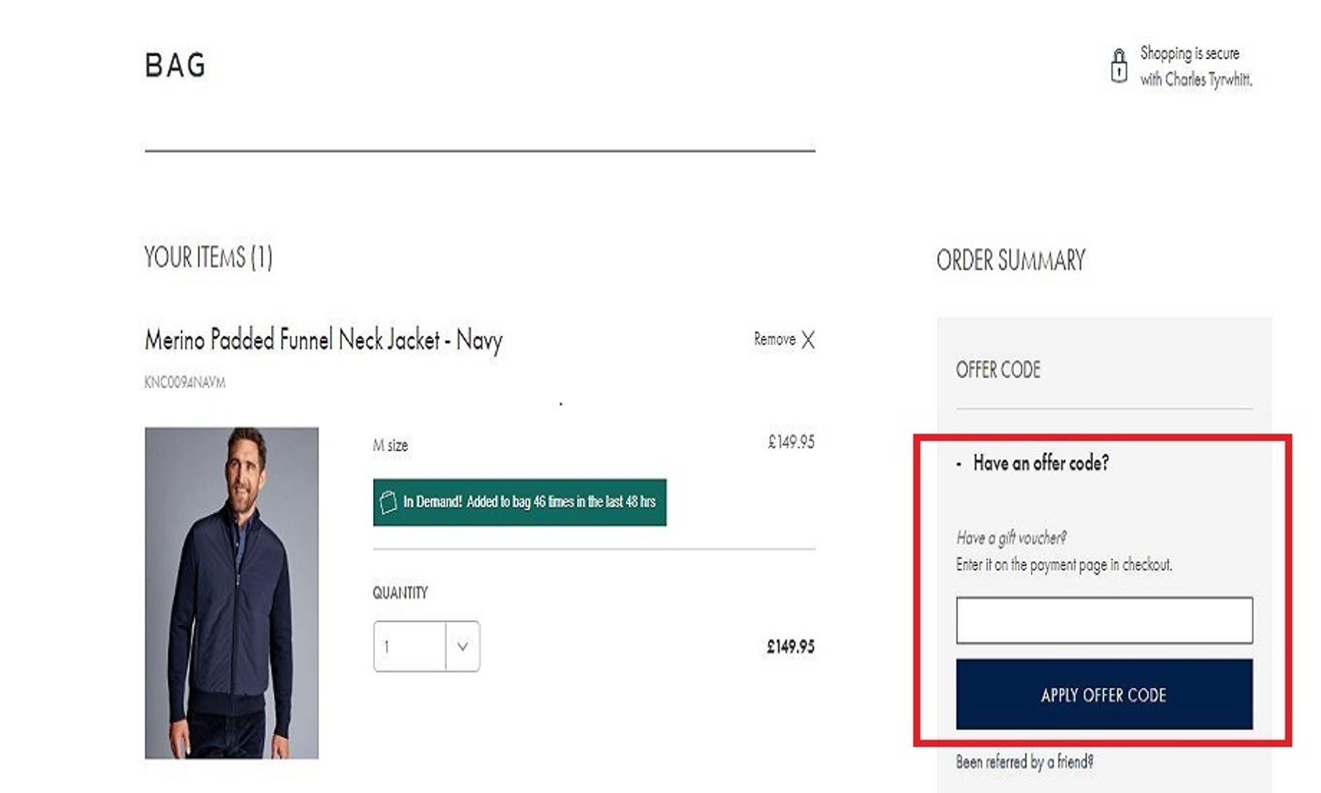  image showing how to enter your Charles Tyrwhitt discount code 