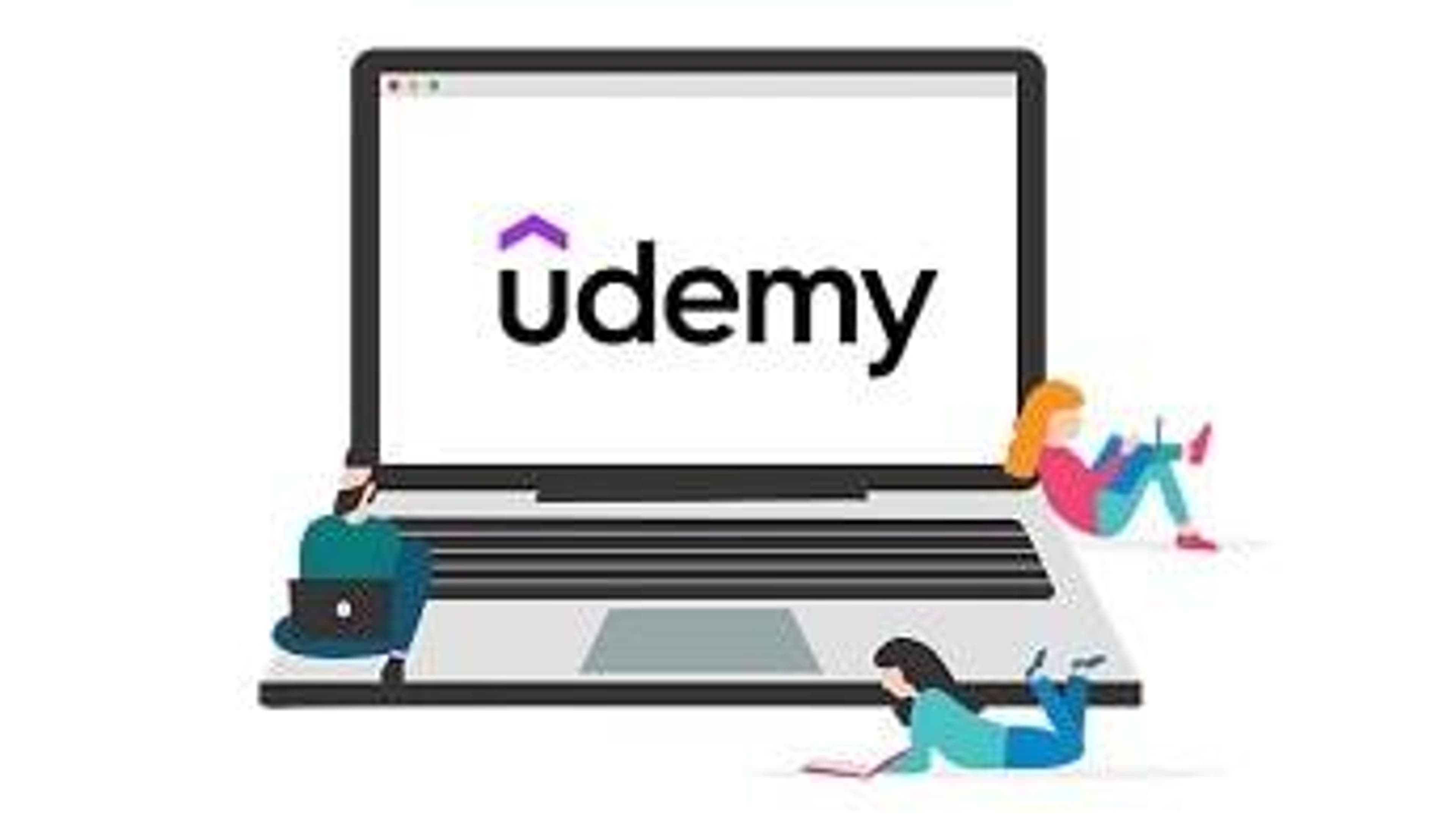  The Udemy Logo on a cartoon laptop surrounded by people studying using books, phones & laptops 