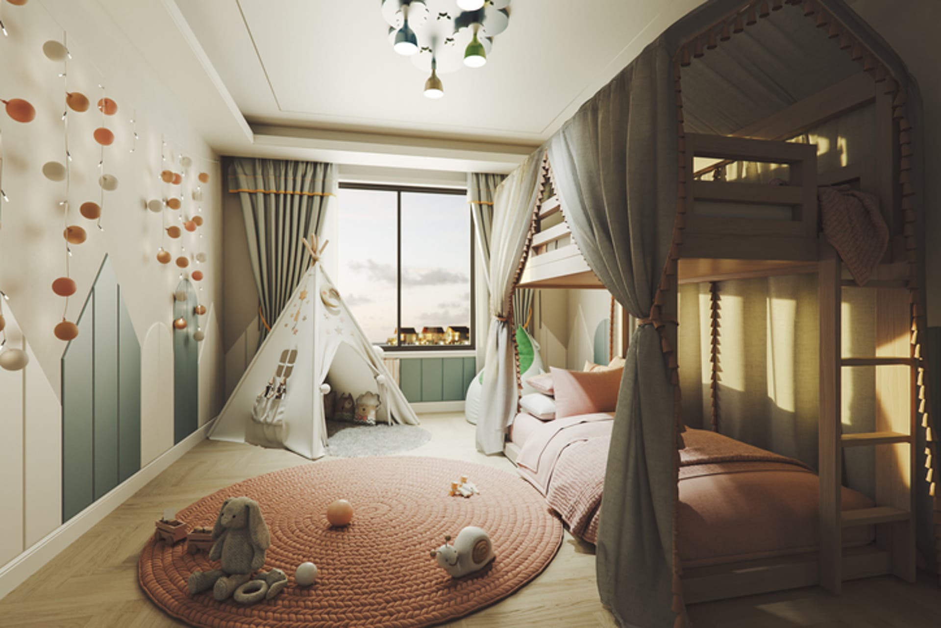  Stylish Scandinavian style children's room with bunk bed, wooden toys and tent 