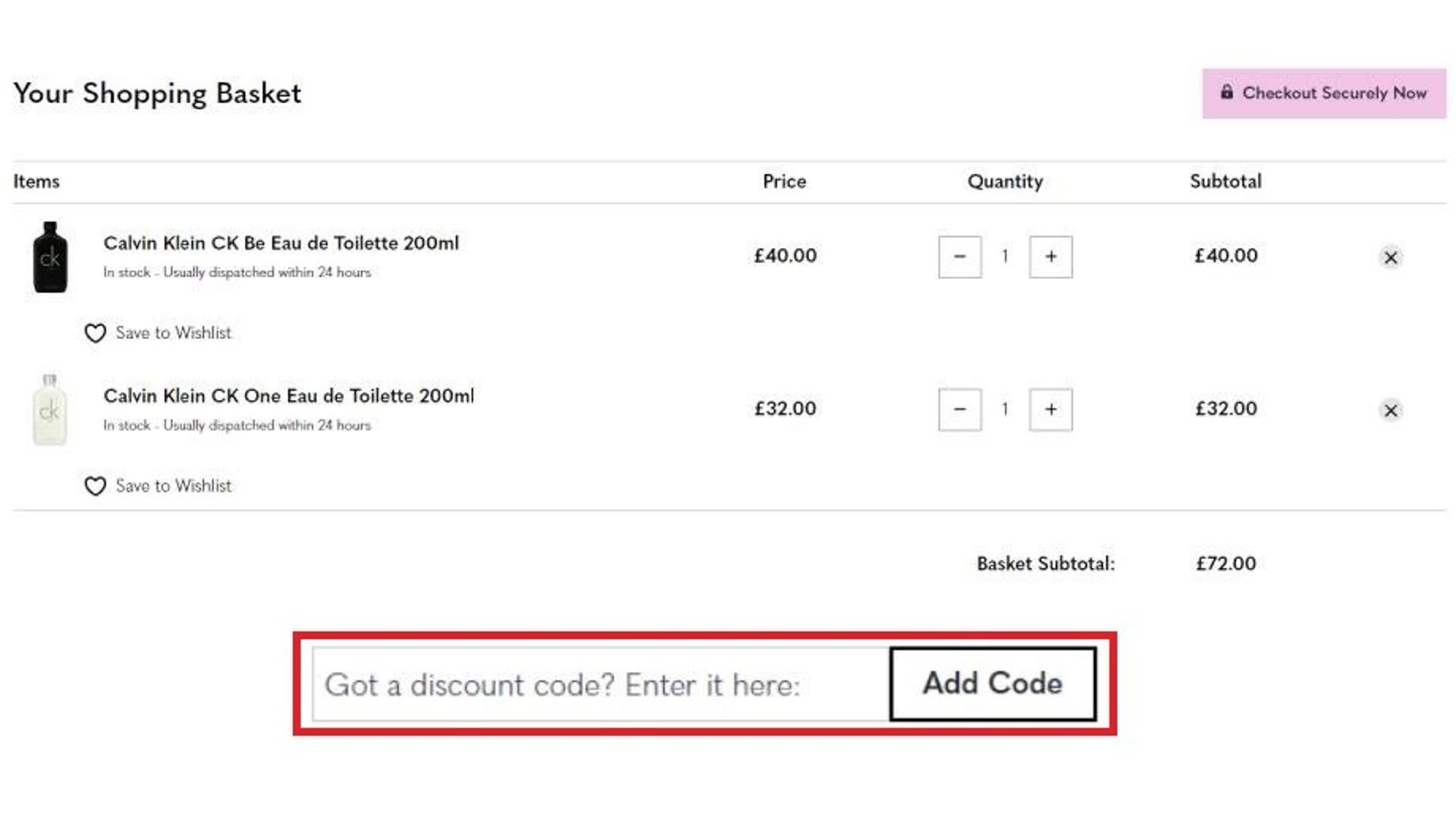  A screen grab of the Fragrance Direct basket page with the discount code box highlighted with a red box for instructional use. 