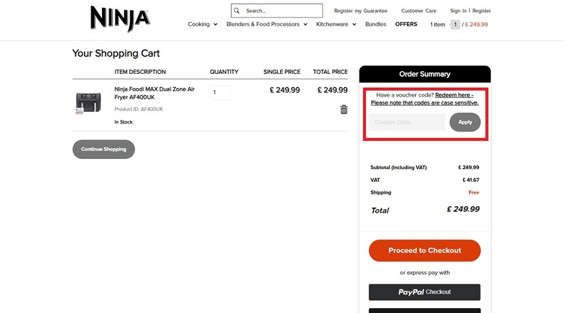  A screenshot of the Ninja website showing users how to use their discount code with the 'Have a voucher code?' box highlighted. 
