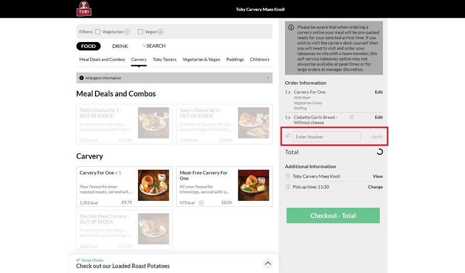 A screenshot of the Toby Carvery website showing users where to enter their voucher with the 'Enter Voucher' box and the 'Apply' button highlighted.