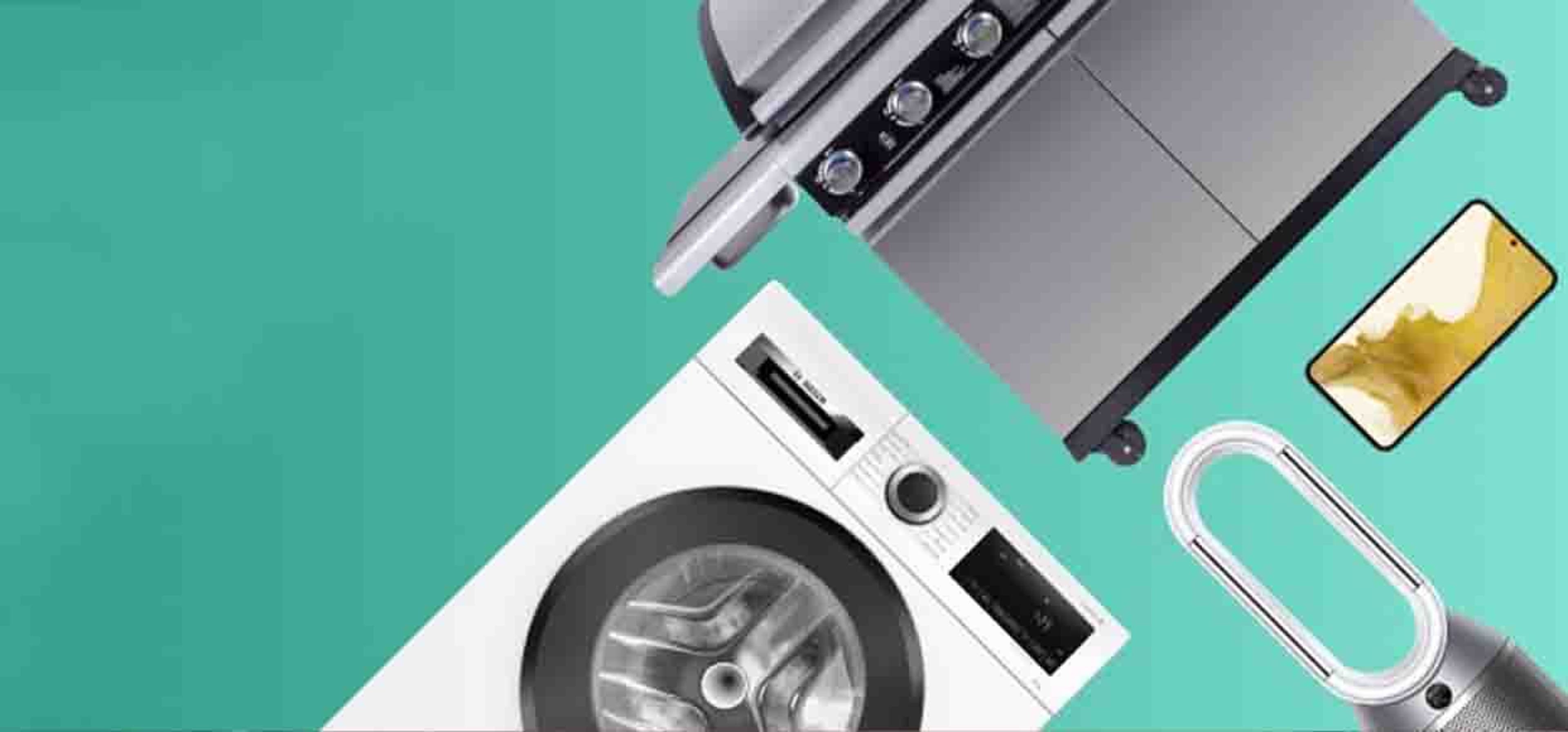 house hold items such as washing machine and bbq in front of a blue background