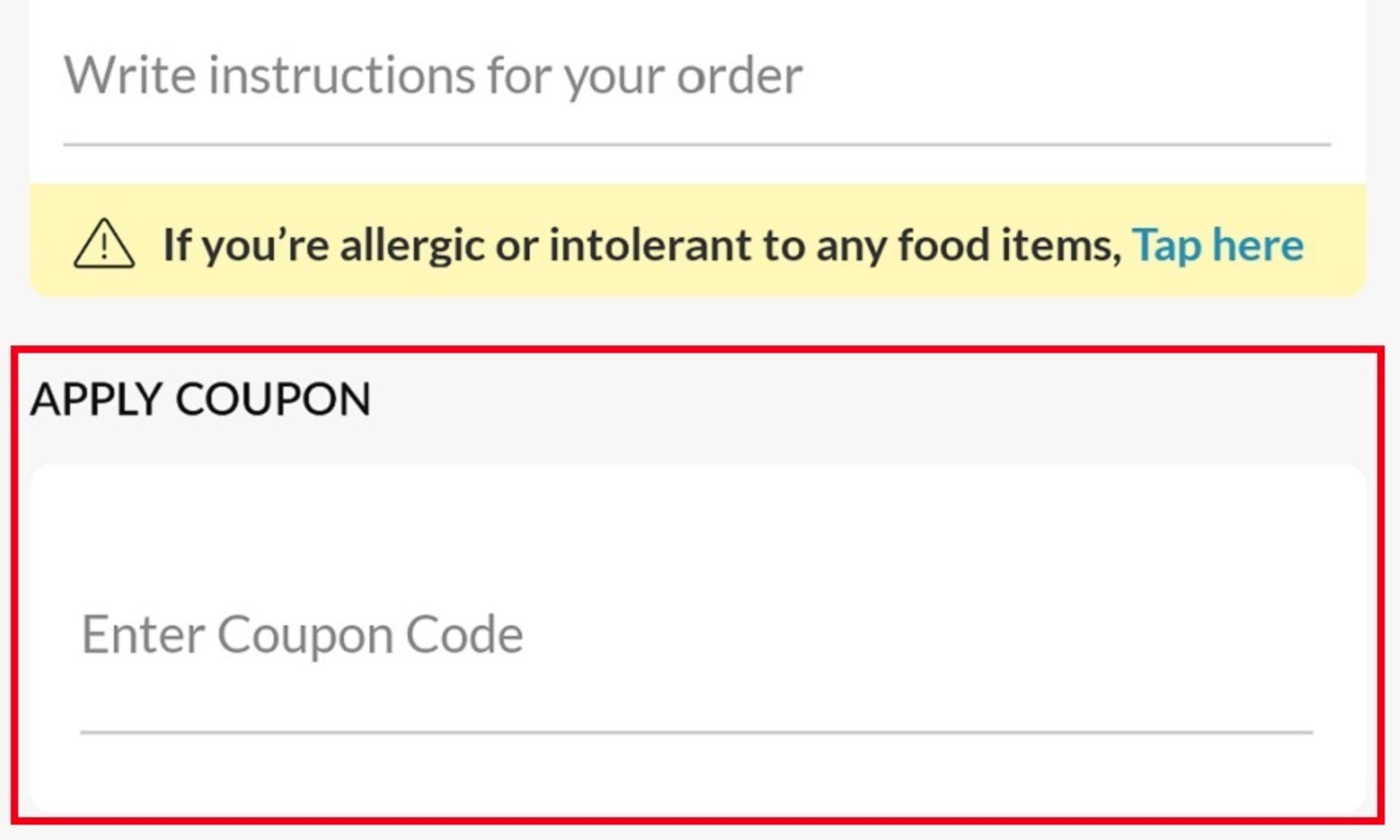  A screenshot of the Foodhub app showing users how to use their discount code with the 'Enter Coupon Code' box highlighted with a red rectangle. 