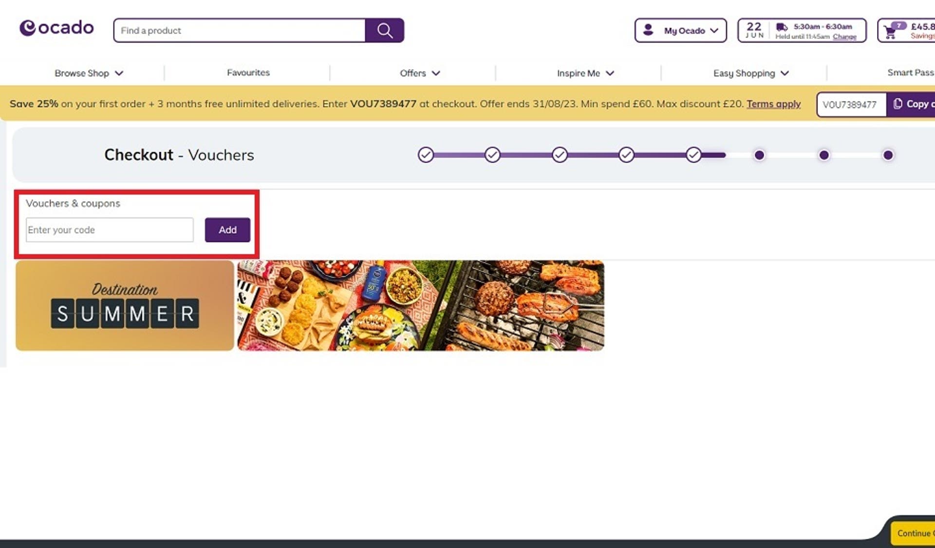  A screenshot of the Ocado checkout page showing users where to enter their discount code with the 'Vouchers & Coupons' box highlighted. 