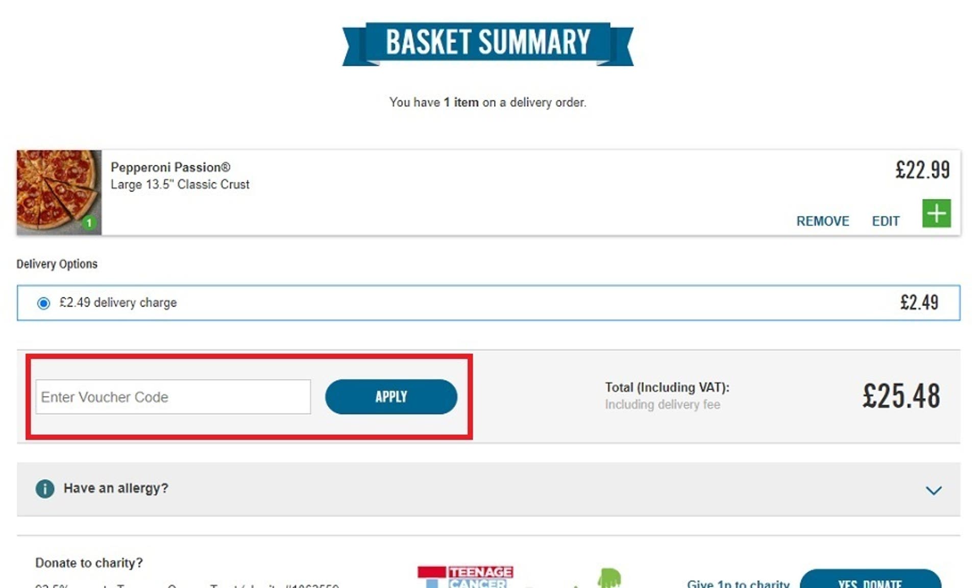 A screenshot of the Domino's website showing users how to use a voucher code with the 'Enter Voucher Code' box highlighted. 