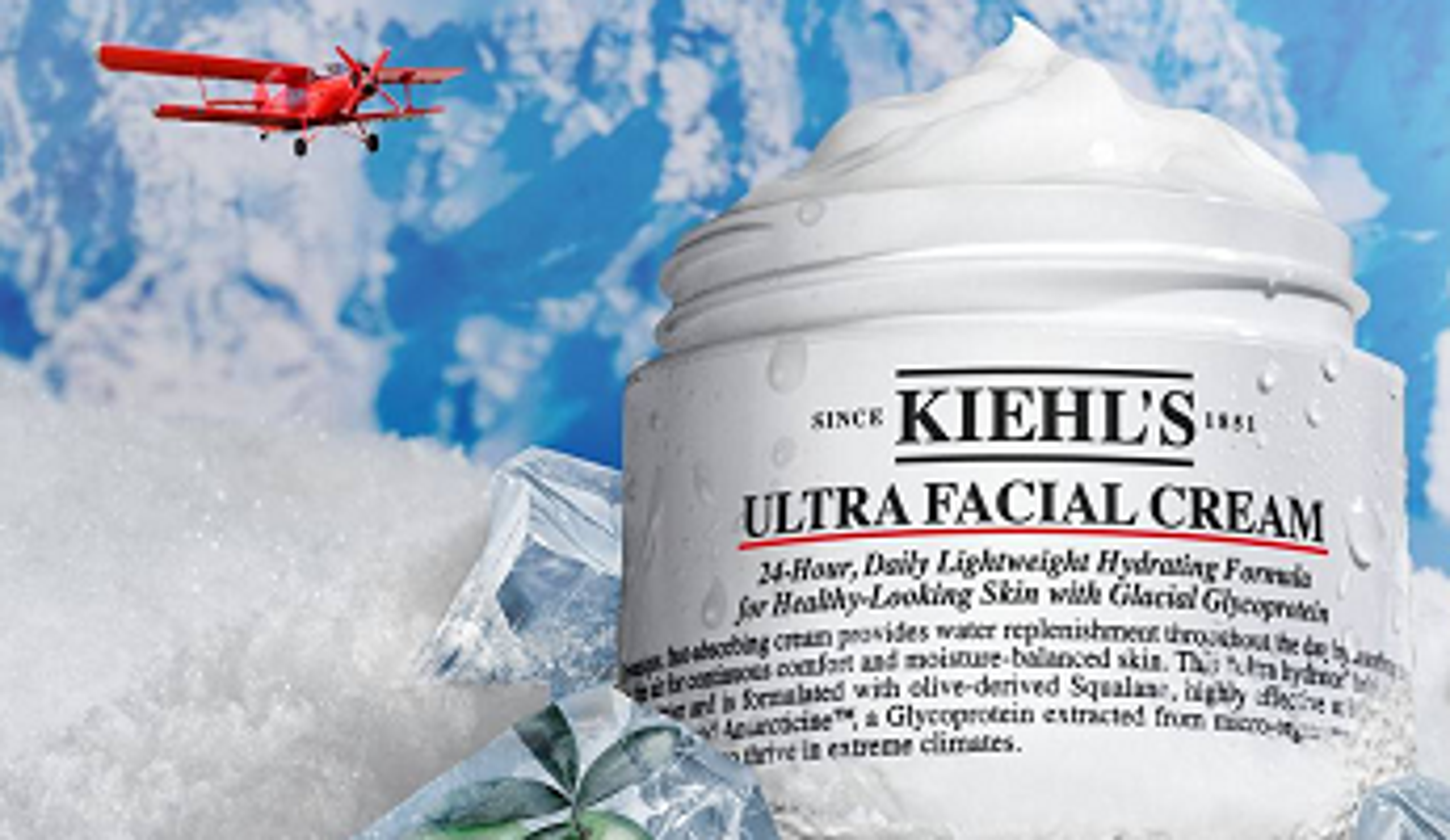  Kiehl's Ultra Facial Cream on ice with red plane and sky in background 