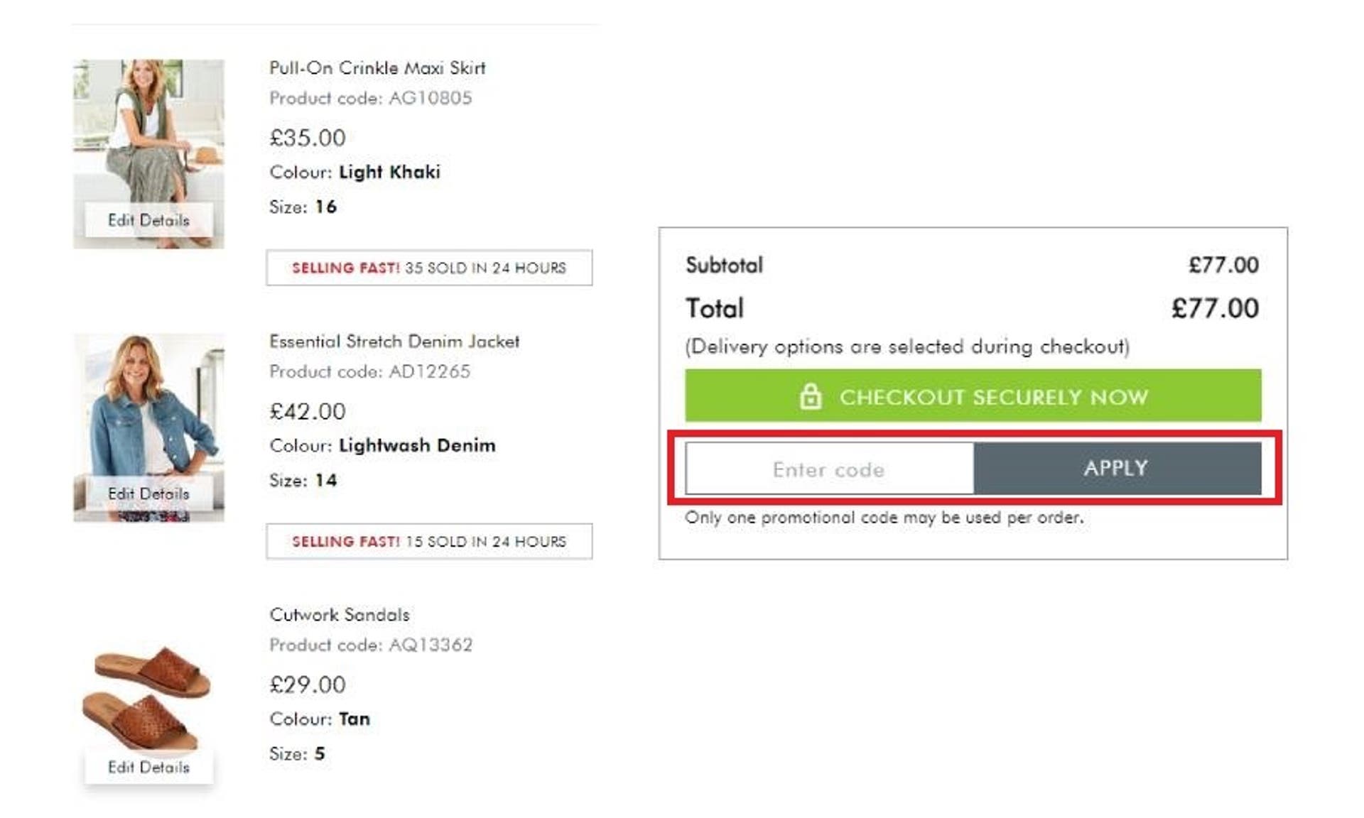  A screen grab of the Cotton Traders basket page with the promotional code box highlighted with a red box for instructional use. 